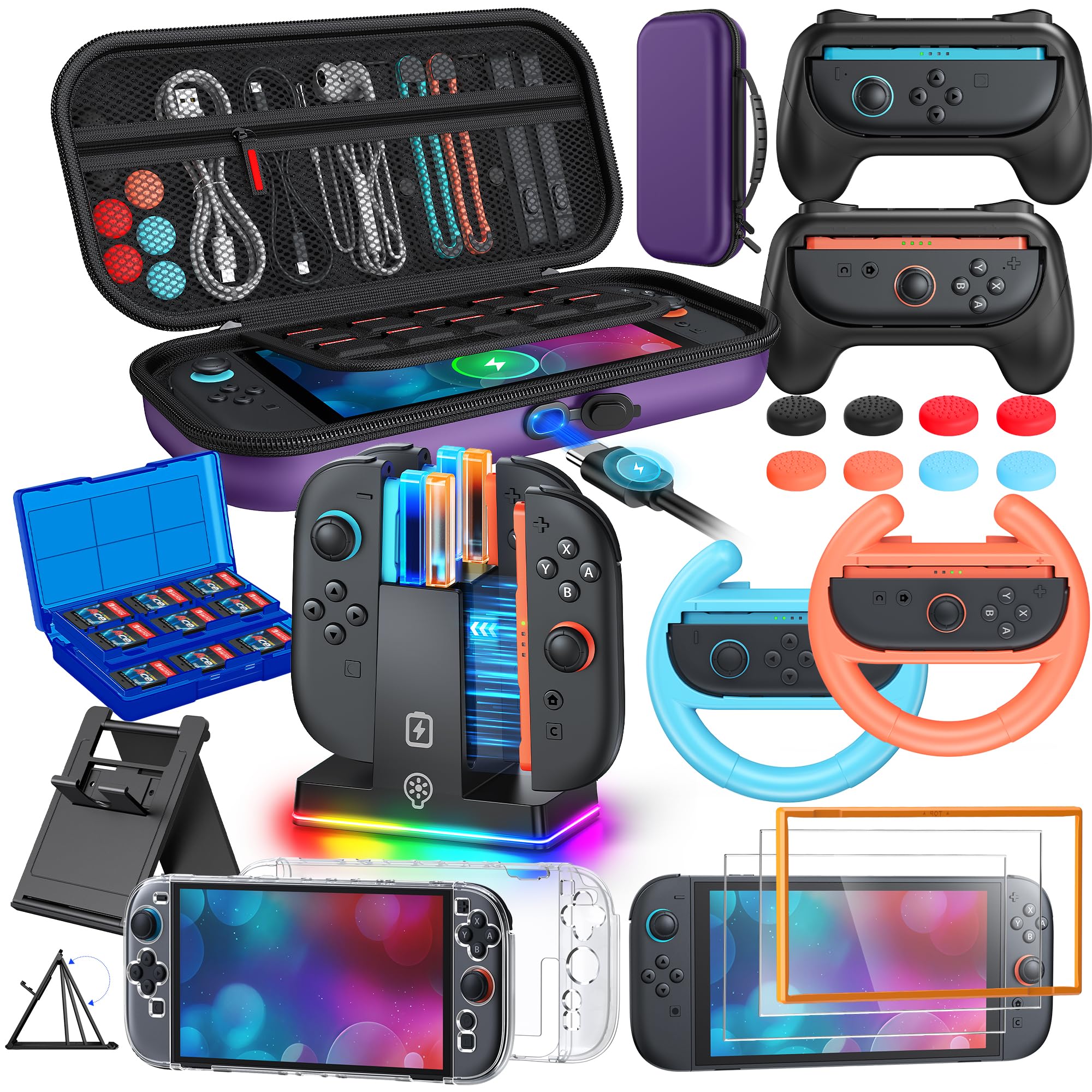 WAXITY Tasche Zubehör Bundle für Nintendo Switch 2, 23-in-1 [Aufladen im Inneren] Reisetasche Tragetasche Set für Switch 2 mit Case, Ladestation, Schutzhülle, Griffe für Joycon