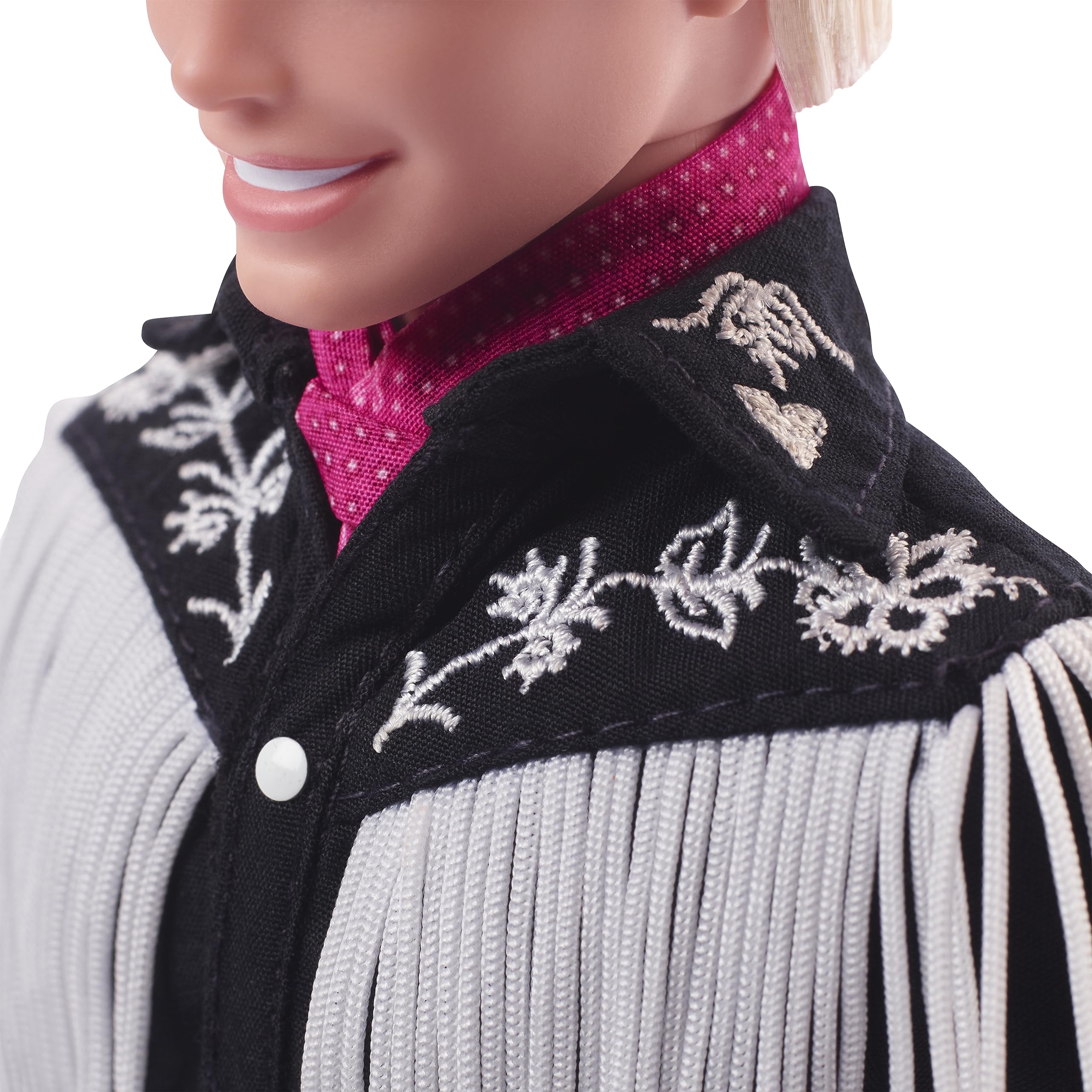 Barbie Ken w stroju kowbojskim Lalka filmowa w czarnym stroju z białymi frędzlami, kapeluszu kowbojskim, butach i z różową bandaną, HRF30
