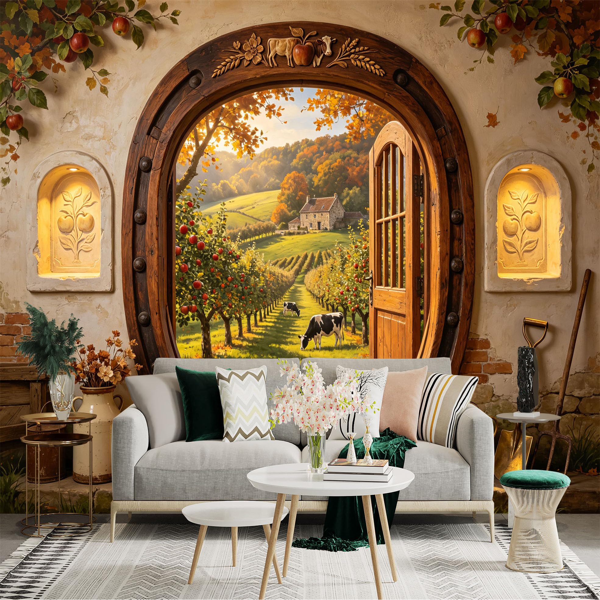 Custom Size Wall Sticker Mural， Rustic Farmhouse Orchard Landscape， Autumn Countryside View， Wooden Arch Door， for wall Decoration， peelandstick wall Decals.