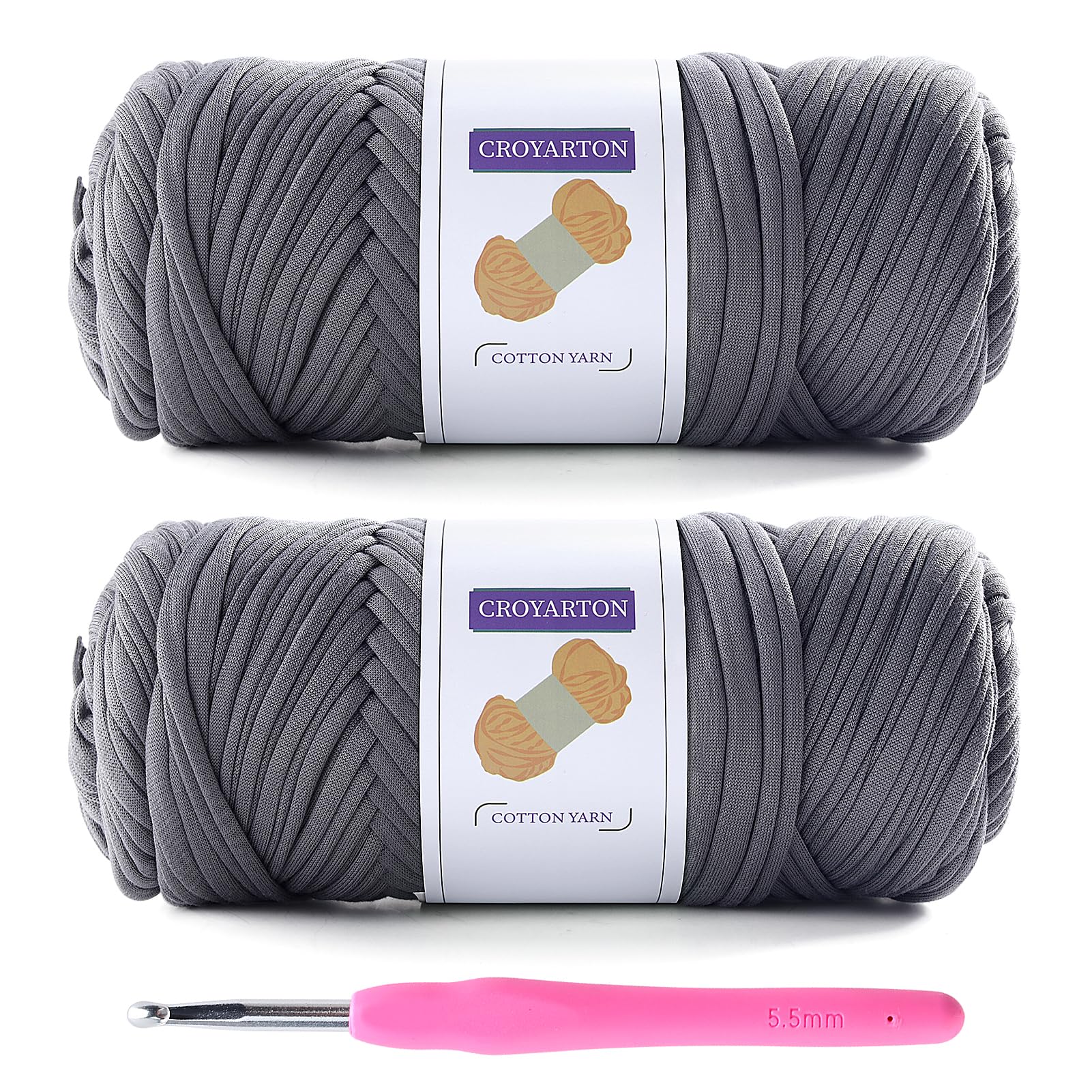 2 Pack T Shirt Yarn for Crocheting with 1 Crochet Hook, Elastic Tshirt Yarn for Crochet Bag/Baskets/Home Decor, Spaghetti Yarn Thick Knitting Yarn Total Length 130 Yds, Weight 14 Oz (Dark Gray)