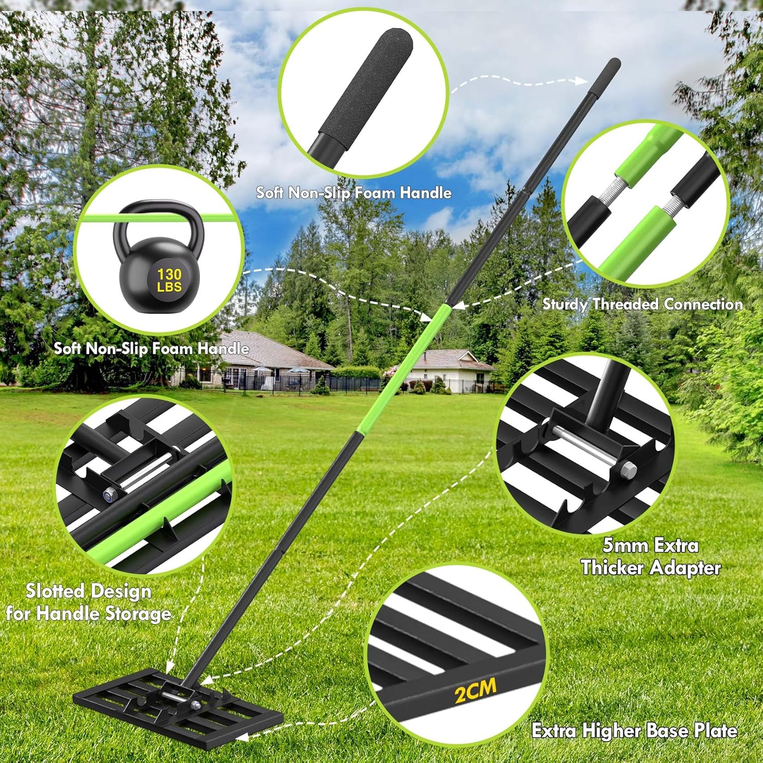 Seeutek Lawn Leveling Rake, 18” x 10” Lawn Leveler with 6.5FT Stainless Steel Handle Rakes for Lawns, 0-180° Adjustable Ground Leveler Tool for Yard, Level Soil Sand Dirt Surfaces