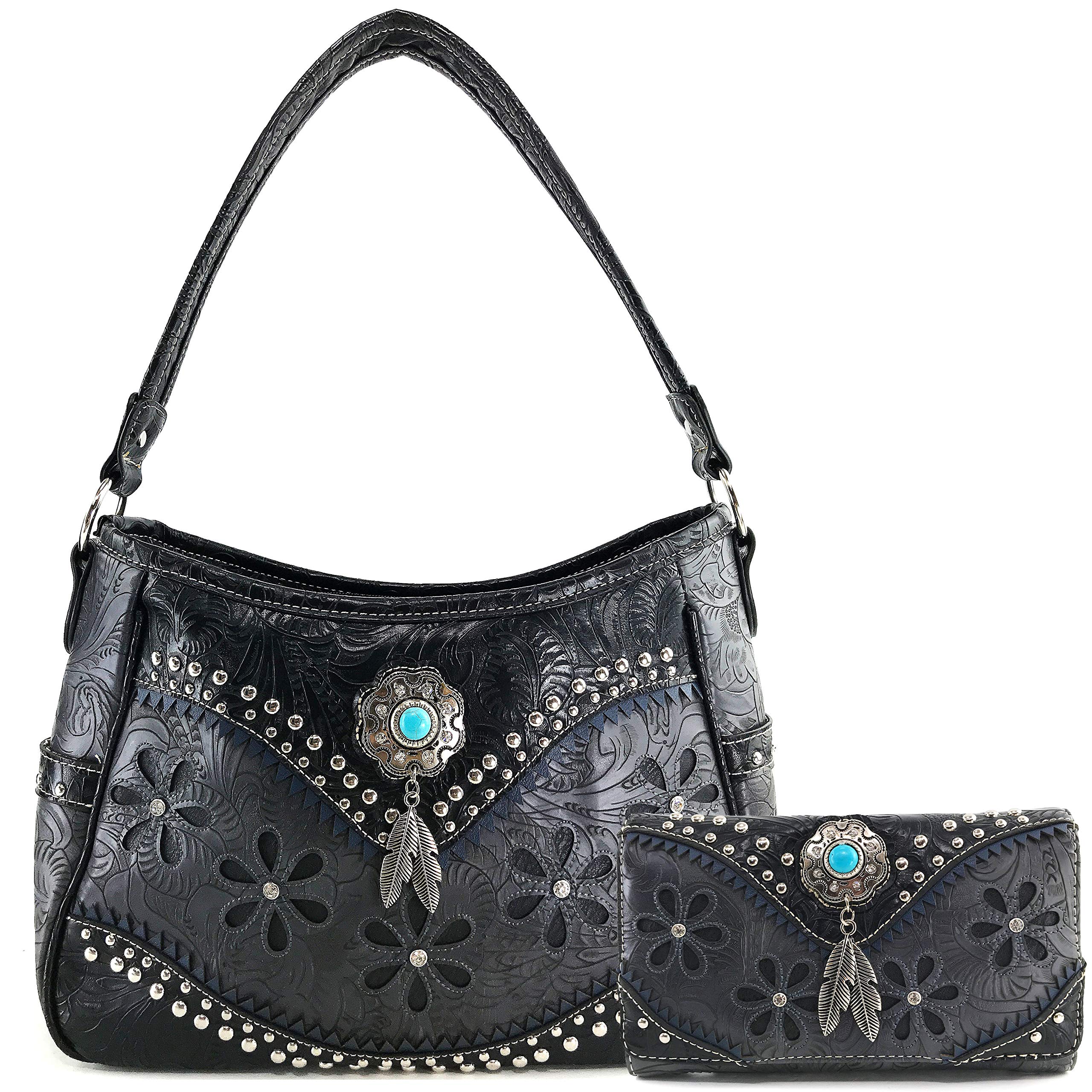 Justin WestCowgirl Leather Cut Concealed Carry Feather Concho Country Vintage Western Handbag Purse Wallet Set (Space Black)