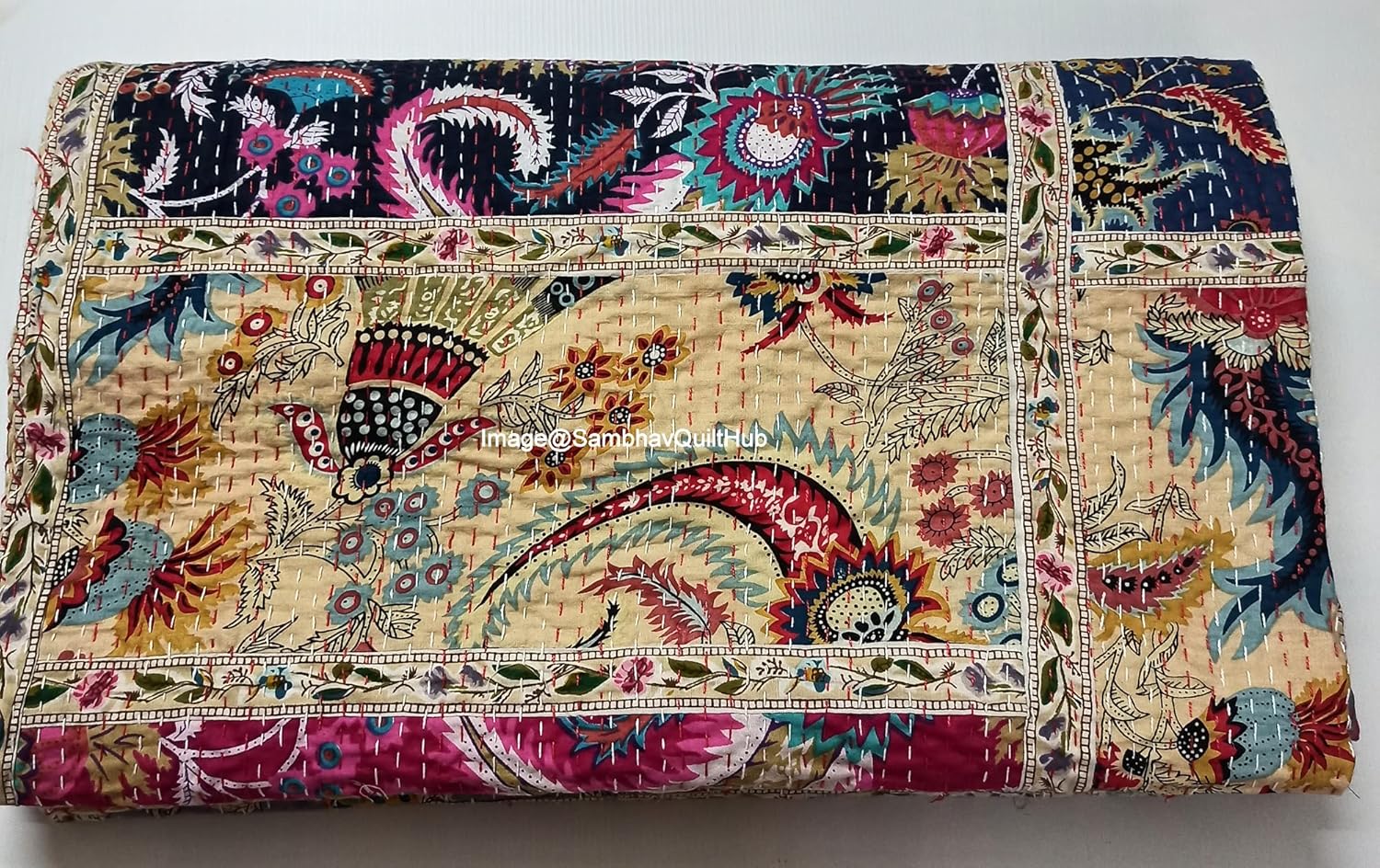 Indian Mukut Print Less Cotton Handmade Patchwork Quilted Blanket Indian Cotto Spread Kantha Kantha Print Work Bohemian Bed Decor Block Throw Blanket Twin/King/Queen (90X108 inch) - Image 3