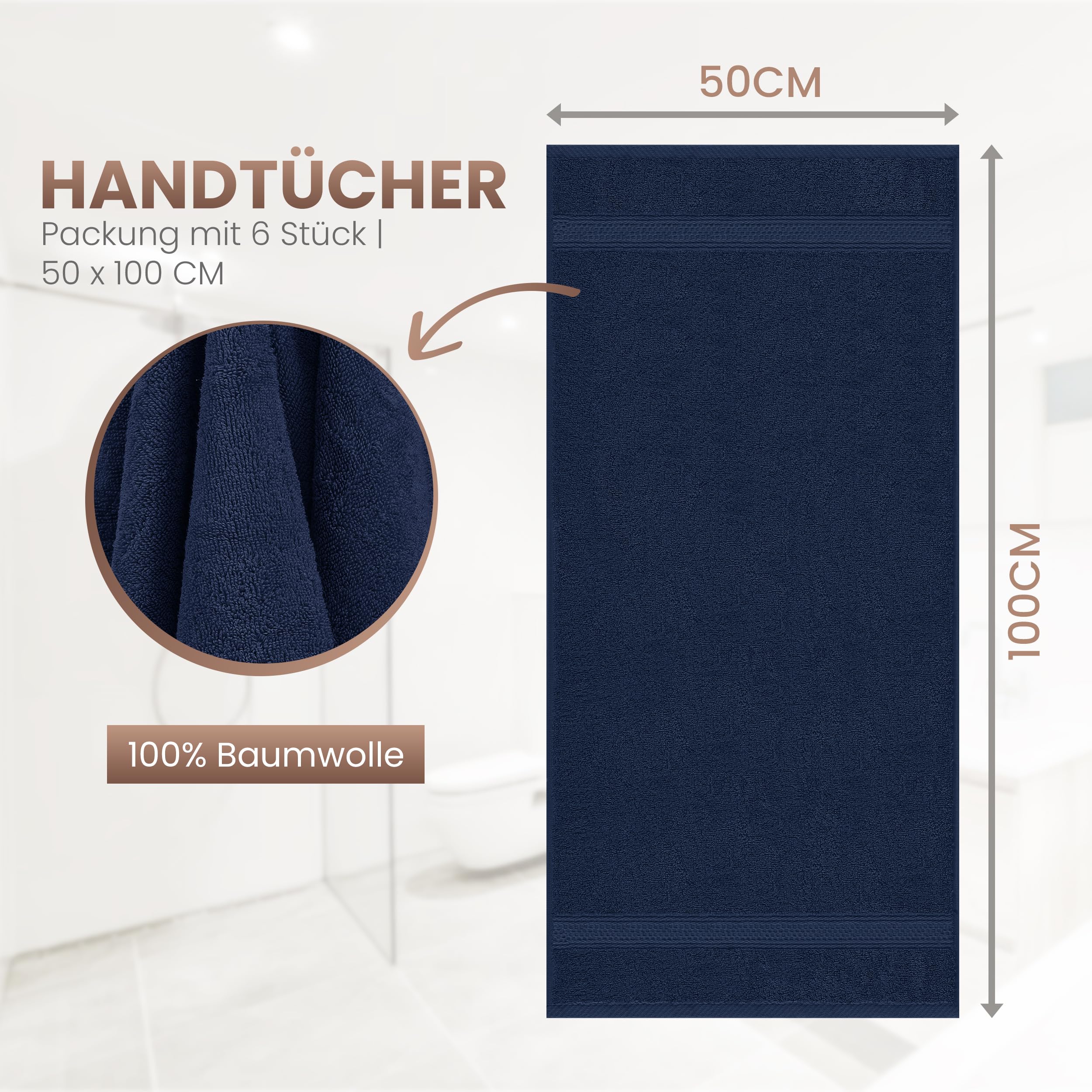 Utopia Towels - Set di 6 (50 x 100 cm), Asciugamani Mani, Asciugamani Per Le Mani, Altamente Assorbenti Con Gancio, 100% Cotone (Blue Marino)