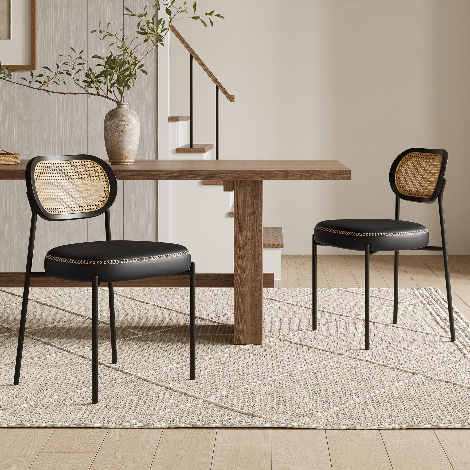 Quenvo Rattan Dining Chairs Set of 2, Black Leather Upholstered Dining Chairs with Rattan Cane Back, Mid Century Modern Dining Room Chairs with Black