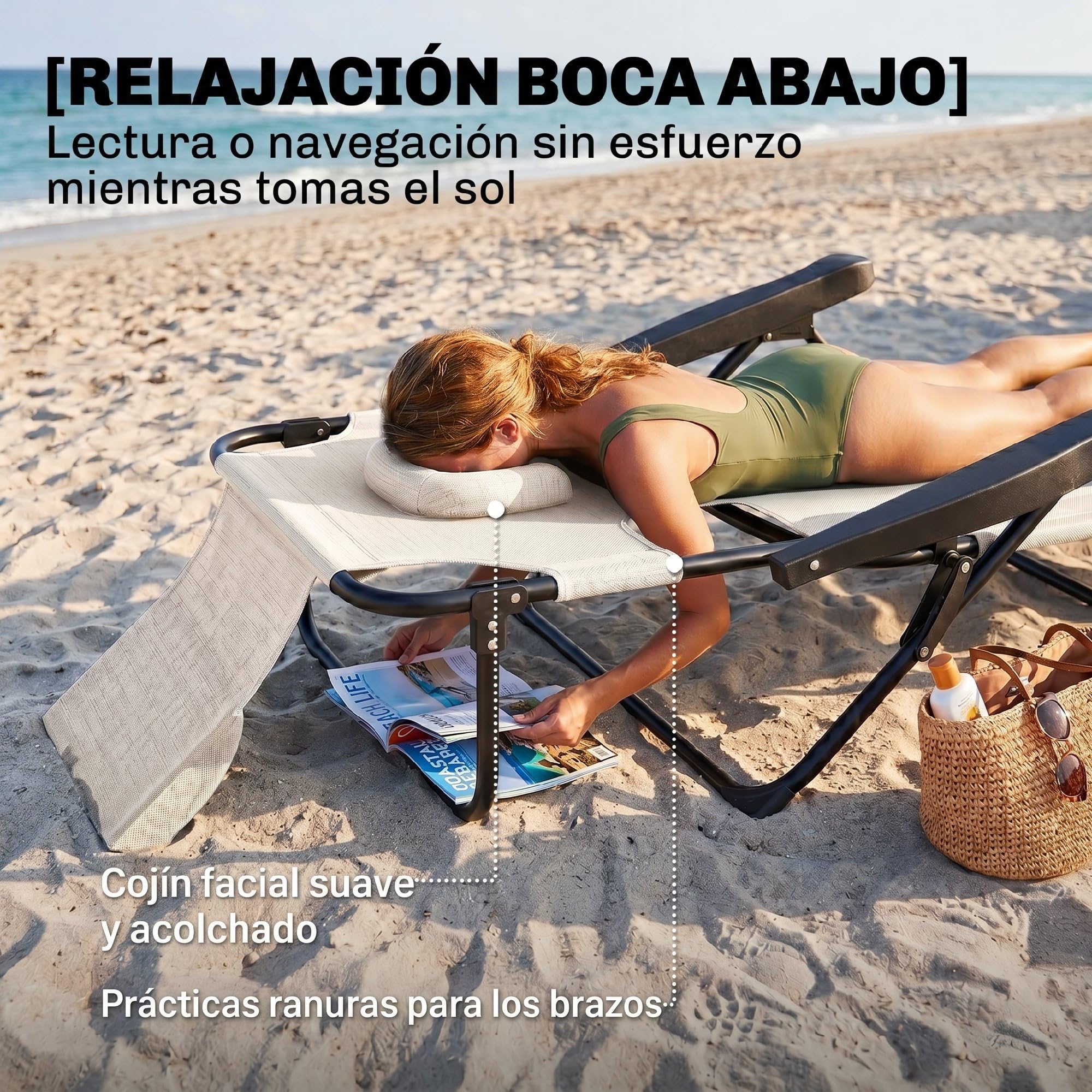 Outsunny Tumbona Plegable, Tumbona Jardín Exterior con Respaldo Ajustable en 4 Posiciones, Orificio de Lectura, Reposacabezas y Brazos, Carga 120 kg, para Terraza, Piscina, 145x72x89 cm, Crema