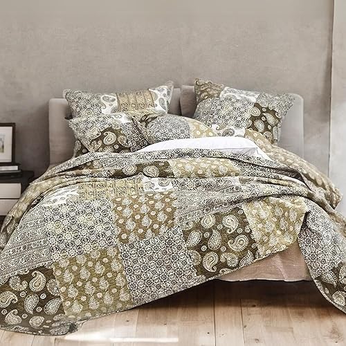 Miniatura 3 de DaDa Bedding - Juego de edredón de retazos de algodón bohemio, colcha de sueños marroquíes, duradera y reversible, diseño intrincado de filigrana de