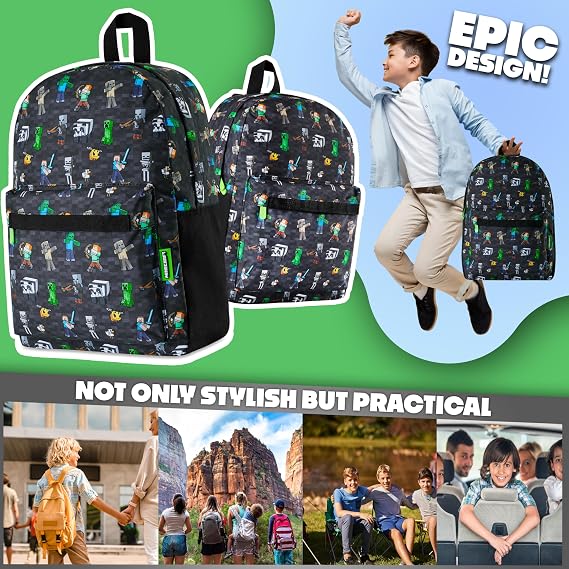 Minecraft Backpack for Kids Teenagers Gaming Rucksack School Bag Creeper Daypack Travel Bag for Days Out PE Sports Gamer Gifts (Black Aop)