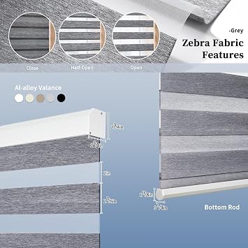 Smart Zebra Sheer Blinds Custom to 115 Width Compatible with Alexa Google Horizontal Motorized Window Blind Dual Layer Electric Roller Shades Remote Control 95% Blackout Dark Grey