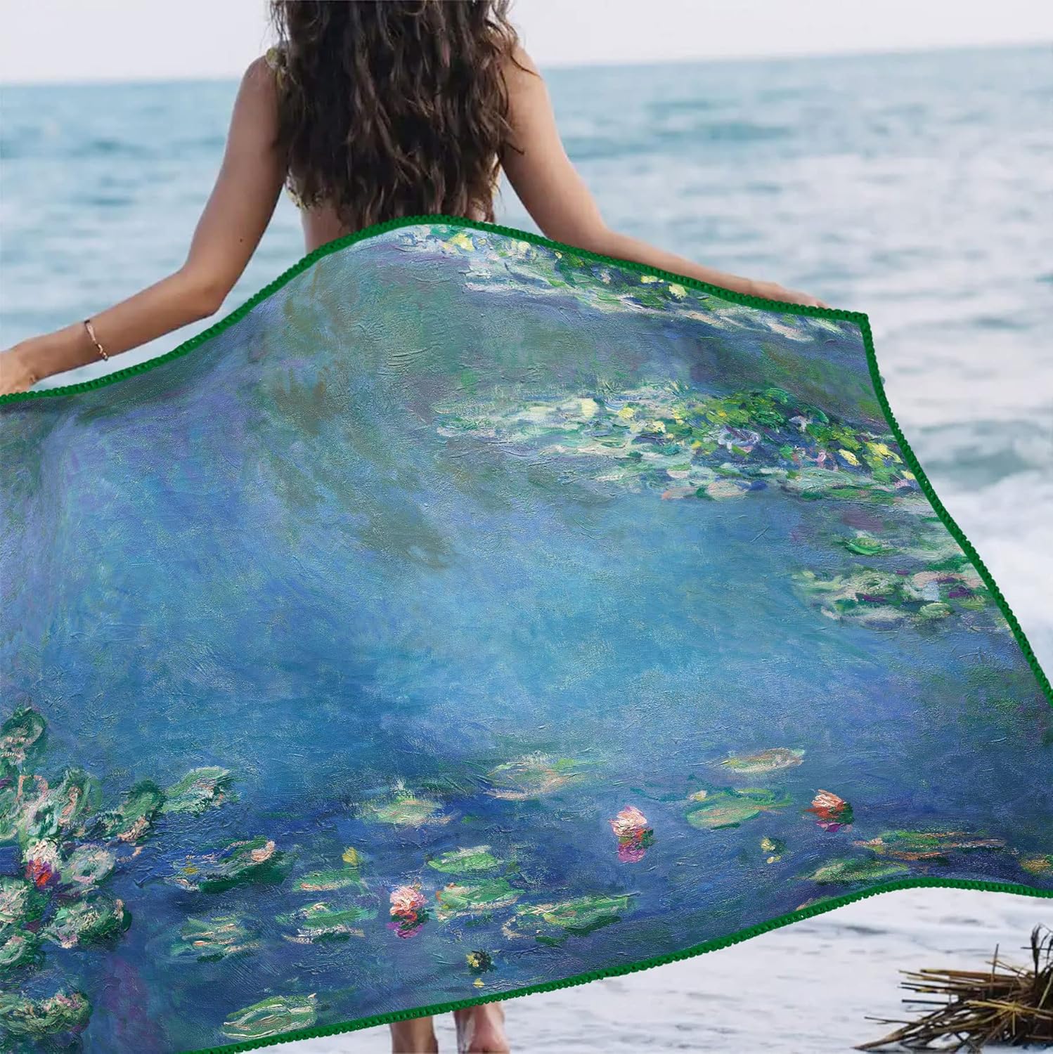 Large Oversized Microfiber Beach Towel - 40x63 Inches, Sand-Free, Quick-Drying, Ultra-Soft, Ideal for Travel, Pool, Yoga, and Camping - Includes Matching Drawstring Travel Pouch, Monet Water Lilies