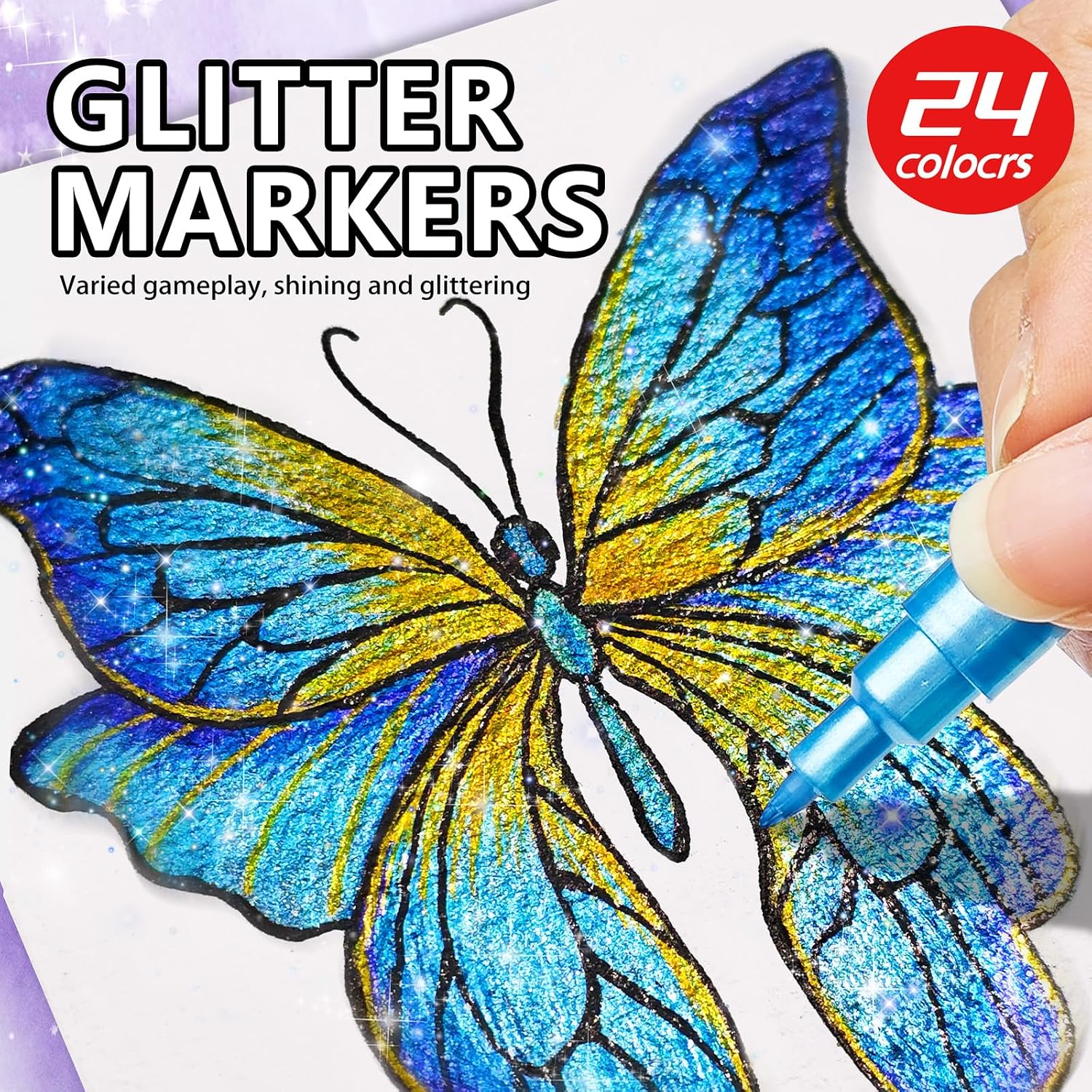 kander 24 Colors Glitter Markers, Acrylic Glitter Paint Pens Sparkle Shimmer Metallic Markers for Kids Adults Coloring Cards Wood Crafts Dual Tip Water Based glitter markers
