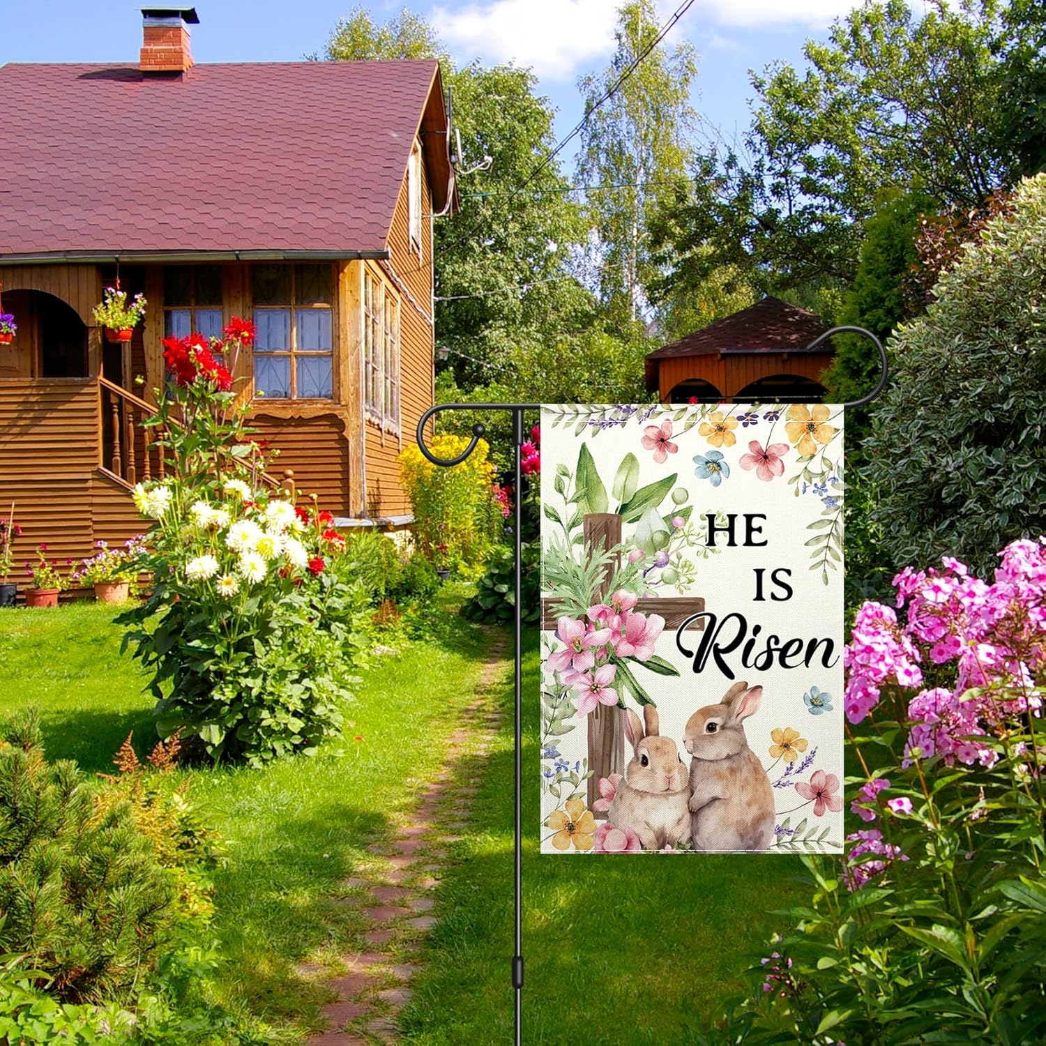 ChloropLastid He Is Risen Garden Flag 12x18 Inch Double Sided Cross Easter Garden Flag for Outside Spring Flowers Bunny Easter Yard Flag Home Outdoor Decorative Flag - Image 3