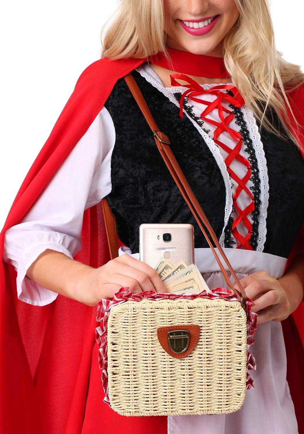 Fun Costumes Wicker Basket Crossbody Rattan Bag Clutch | Women's Woven Straw Handbag | Gingham Picnic Basket Costume Accessory