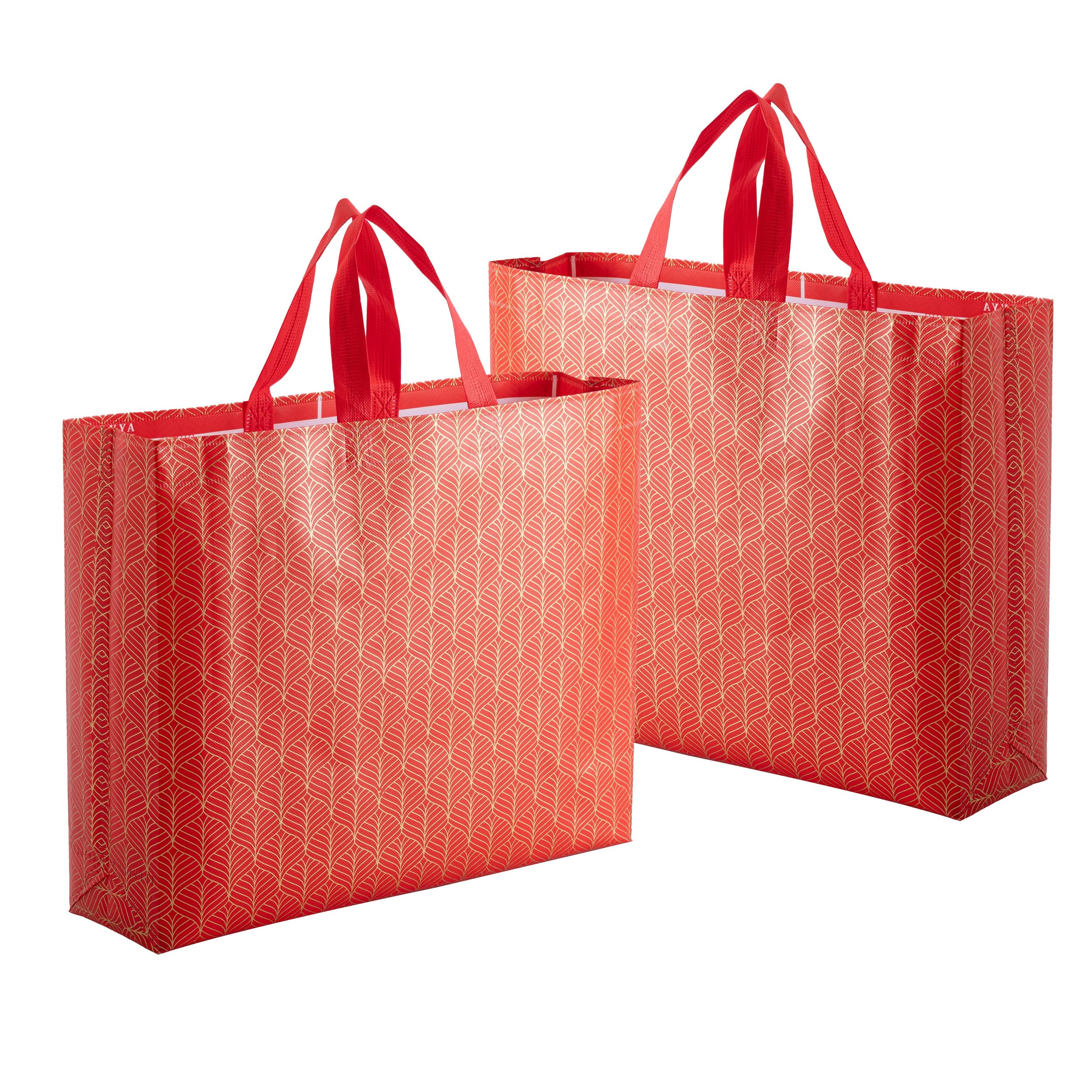 Lavya Festive Special Large Size Return Gift Bags | Reusable Non-Woven Laminated Matt Finish Carry Bags for Gifting, Weddings, Festivals, Rakhi & Diwali (Red Gold Leaf, L-15x12.5x4, Pack of 20)