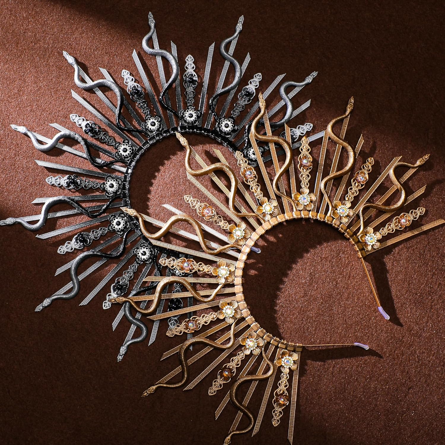 Medusa Snake Halo Crown - Silver Black Spiked Gothic Headband with Flower Rhinestones, Fantasy Sunburst Sun Greek Goddess Headpiece for Women Renaissance Halloween Cosplay Renfaire Costume - Image 6