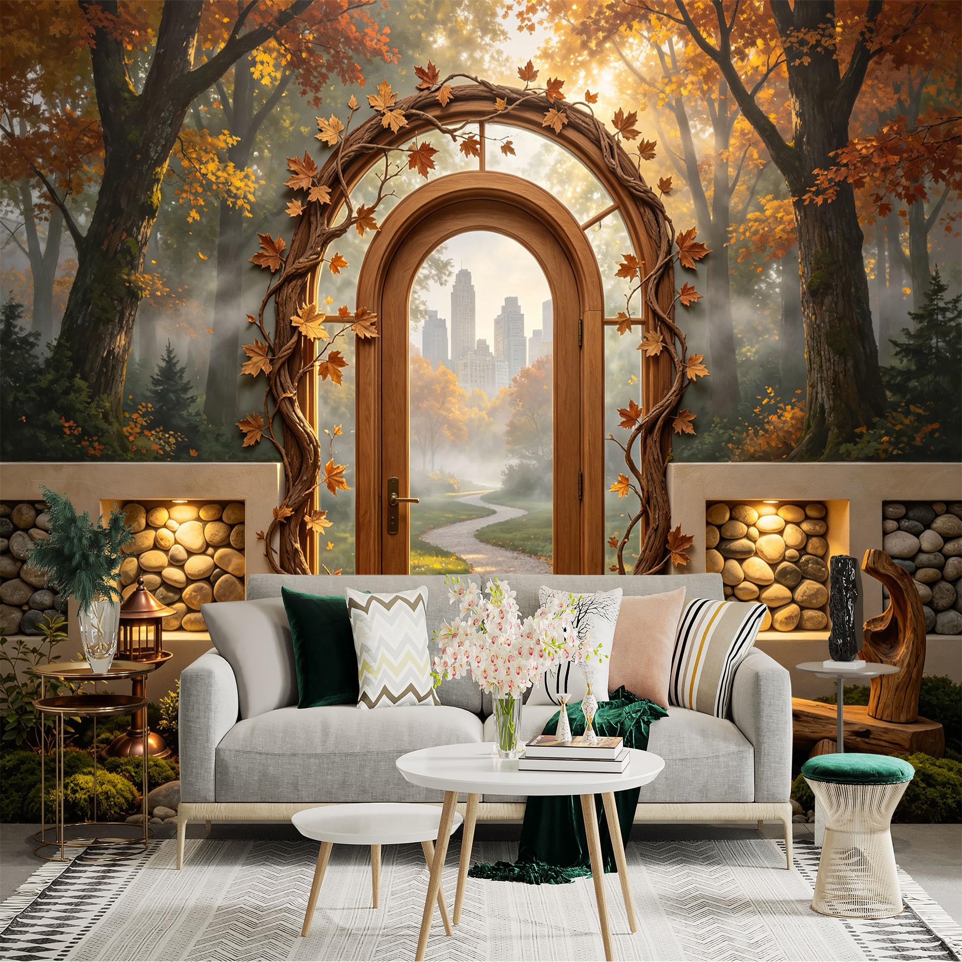 Custom Size Wall Sticker Mural， Autumn Forest Doorway， Rustic Stone Wall， Misty Garden Path， for wall Decoration， peelandstick wall Decals.