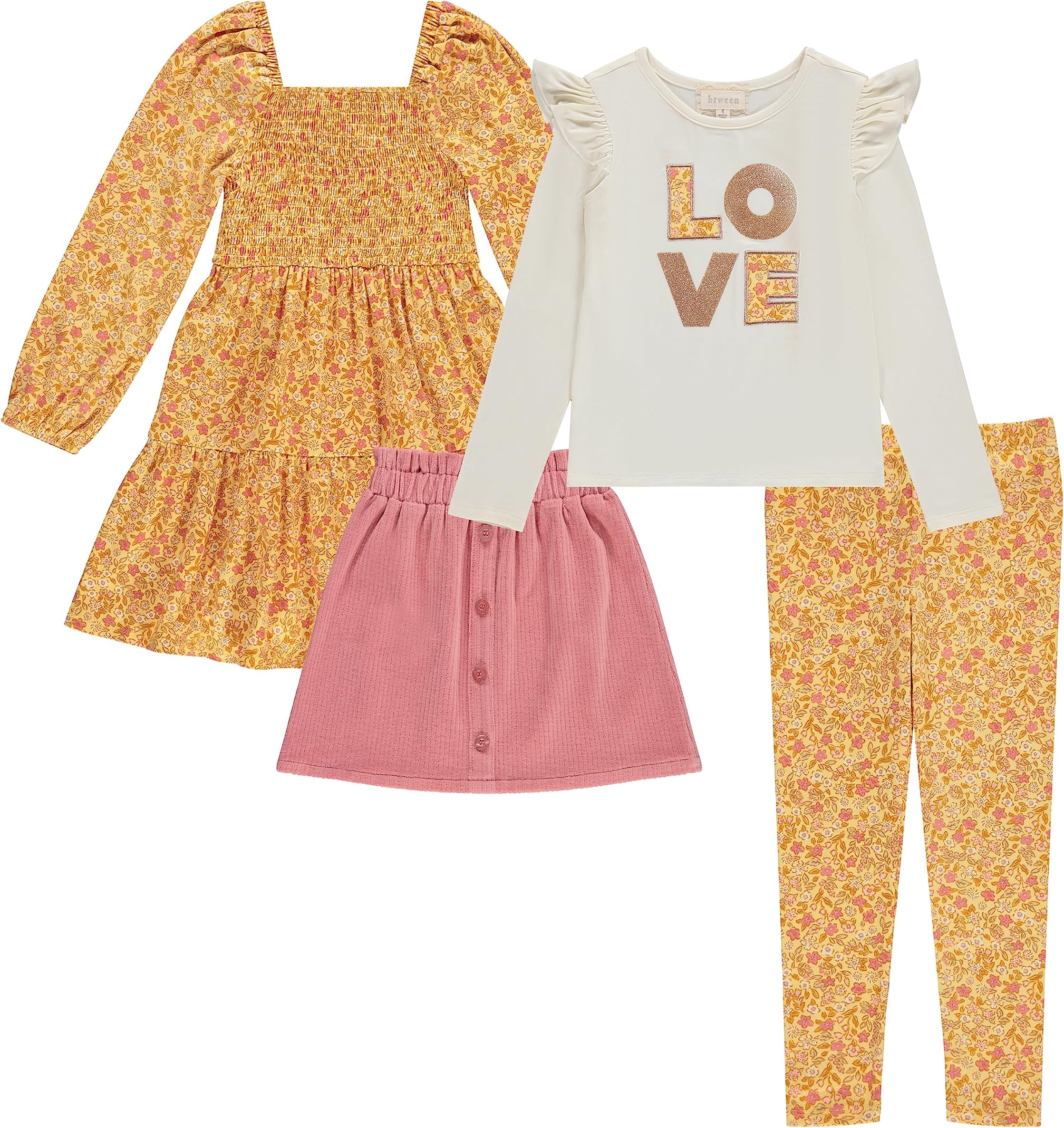 BTweenGirls' 4-Pack Outfit: Dress, Skirt, Tee, Leggings, 95% Cotton, 5% Spandex, Sizes 4-12