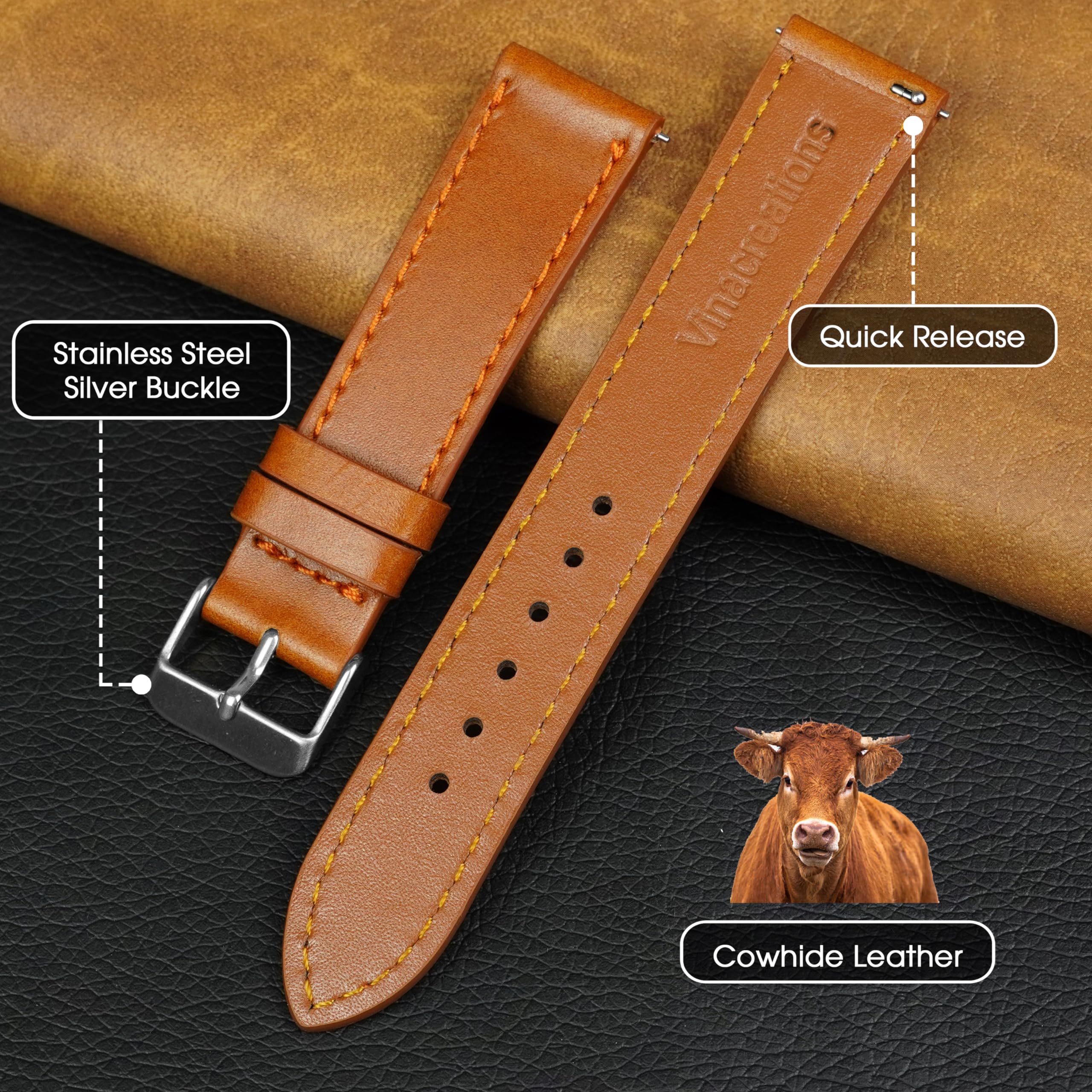 18mm Flat Classic Brown Leather Watch Band Men Quick Release Handmade Leather Strap, Slim Replacement Wristband Stainless Steel Buckle, Christmas Father's Day Gift for Dad Husband DH-NO-202-18MM