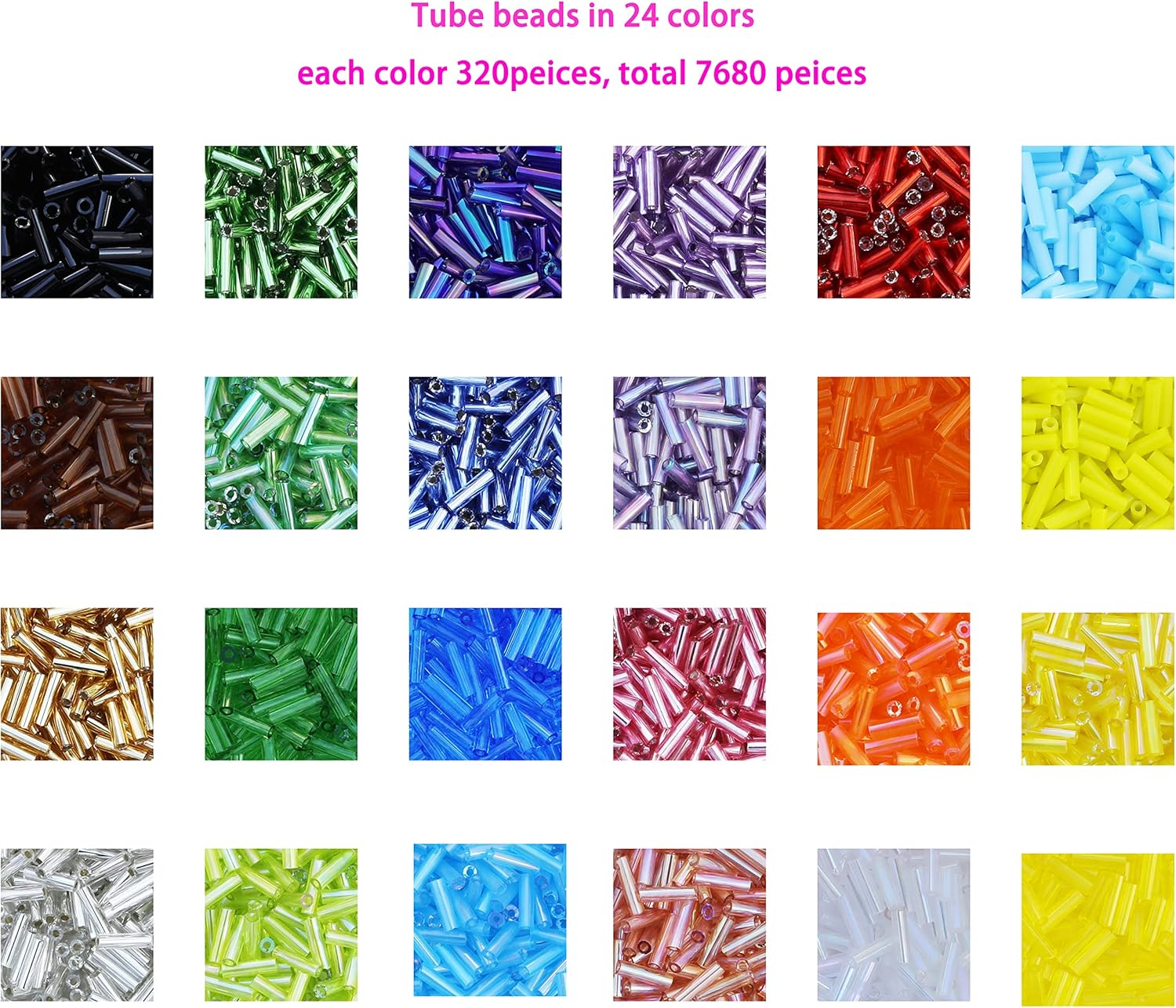 Size 6mm Glass Bugle Tube Beads with Beading Needles About 7680pcs in Box,24 Multicolor Assortment Length 6mm Tube Beads for Jewelry Making (320pcs/Color, 24 Colors) - Image 2