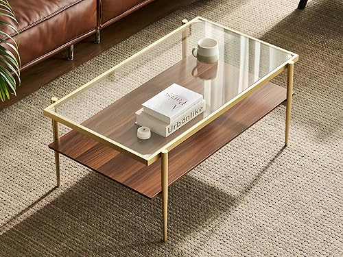 Miniatura 3 de Shrine - Mesa de café rectangular, diseño moderno de mediados de siglo, estructura de 2 niveles, parte superior de vidrio transparente y estante de