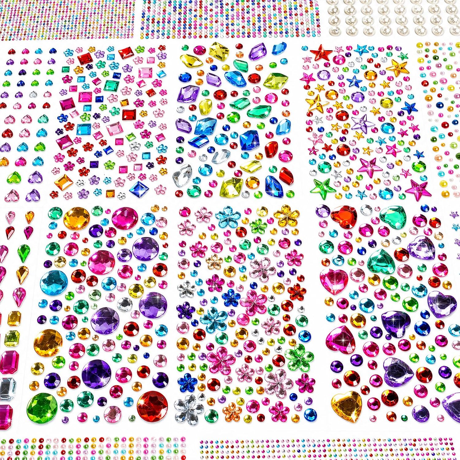 7560pcs Gem Stickers - 20 Sheets Self-Adhesive Rhinestone Acrylic Bling Jewels for Crafts, DIY Projects, Party Decorations with Heart Star Round Pearl Flower Square Shapes