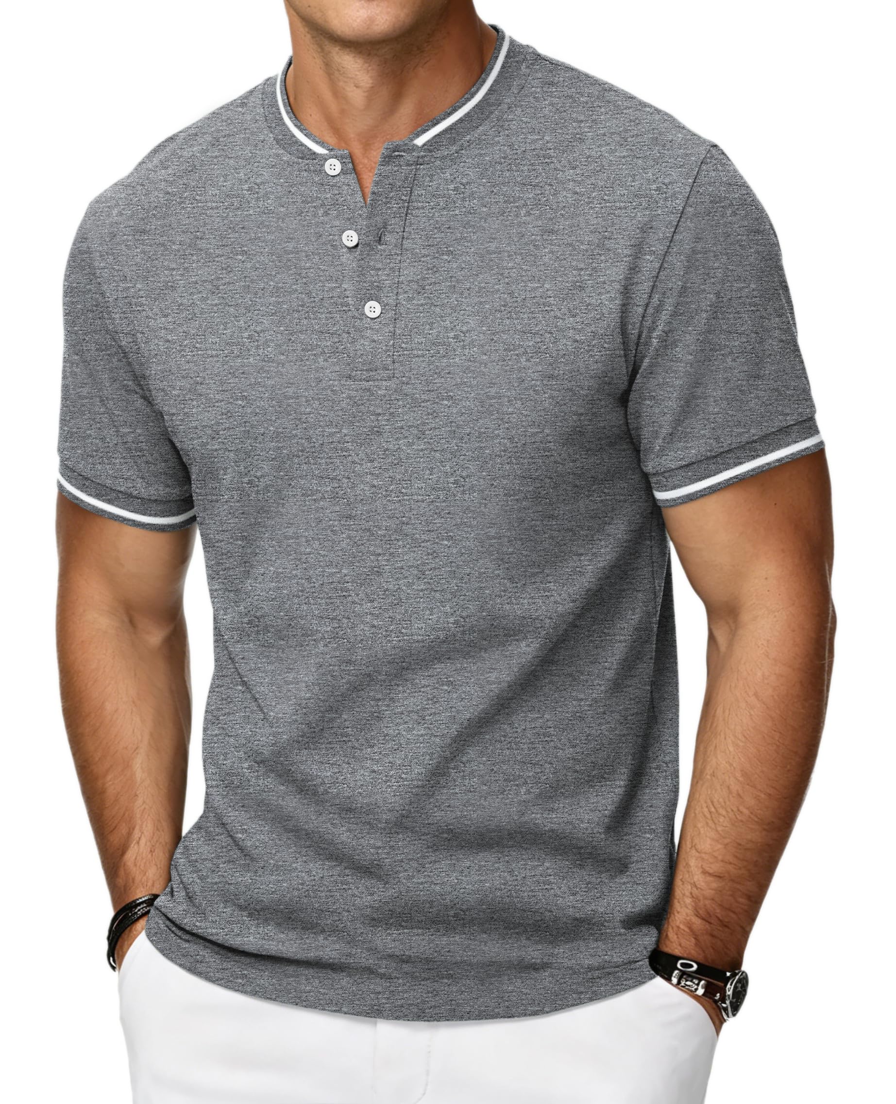 HMIYA Poloshirt Herren Kurzarm Atmungsaktiv Baumwolle Sommer Henley Knopfleiste Kontrastierender Einfassung Basic Golf T-Shirts