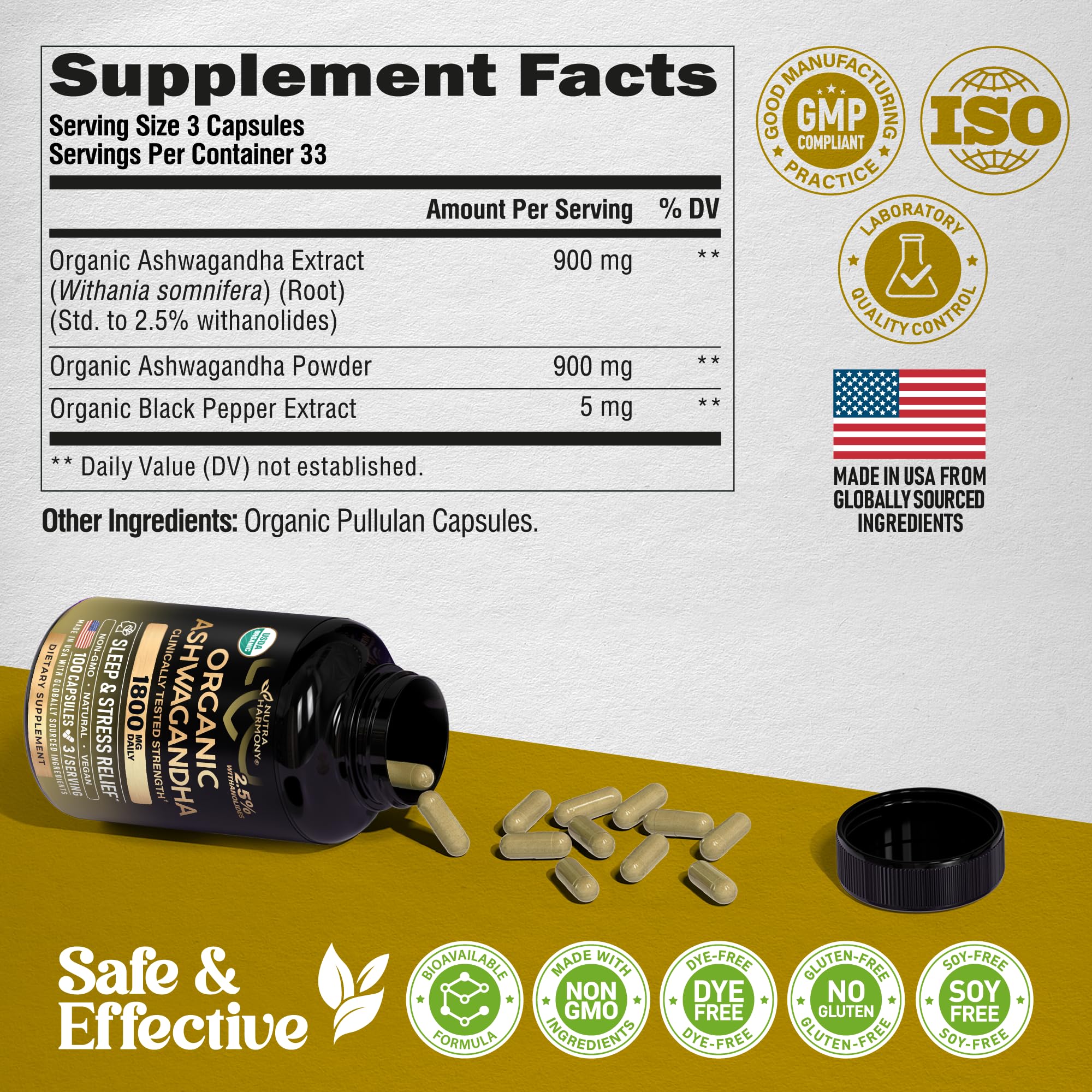 Ashwagandha Supplements 1800mg - USDA Organic for Women & Men - 100 Caps — Amazon image 8