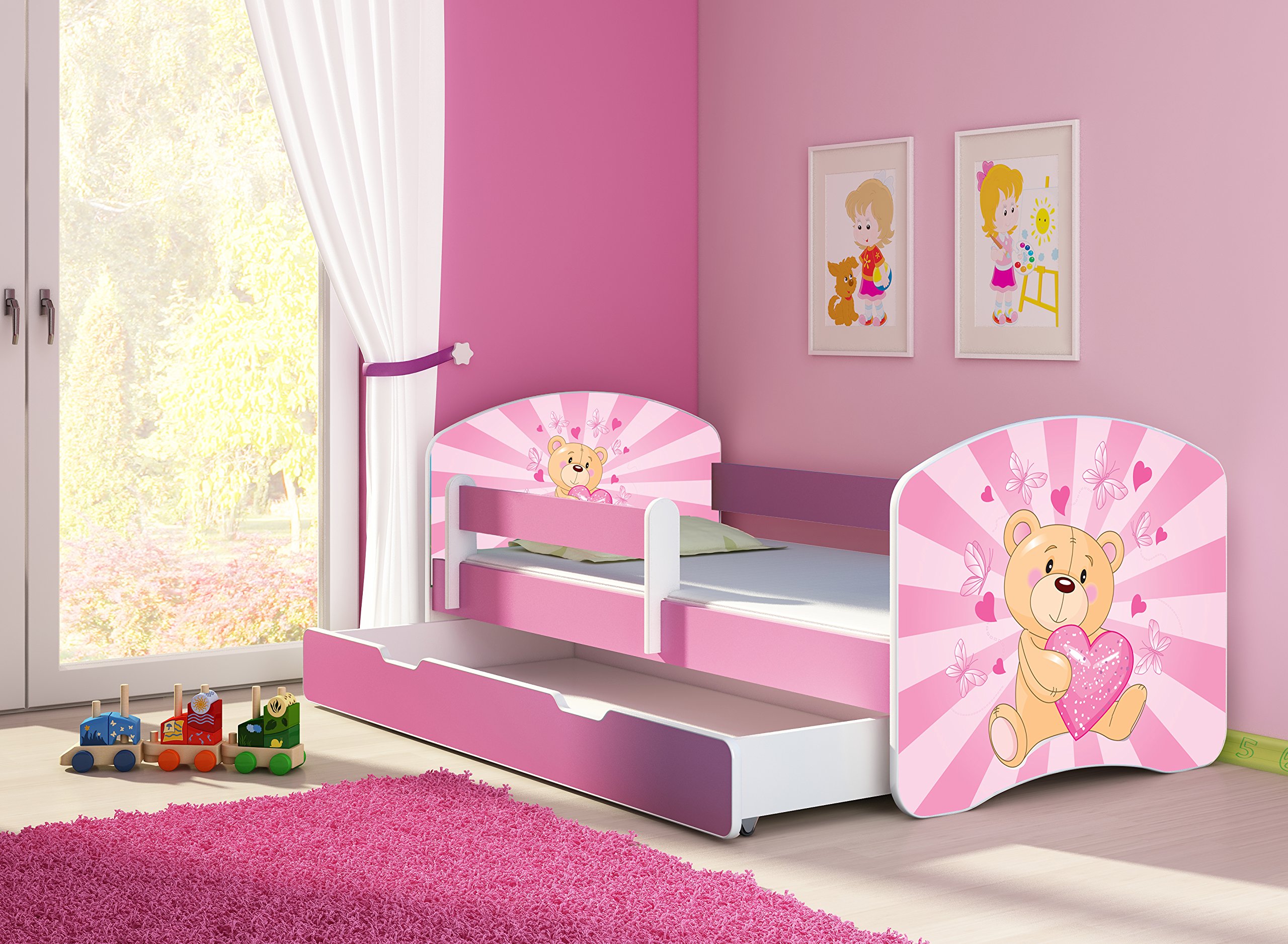 ACMA Letto per bambini 80x180 con cassetto, materasso e rete a doghe - letto junior con barriera di sicurezza, motivo 10 L'orsacchiotto con il cuoricino - Rosa, letto per bambina, portata fino a 120kg