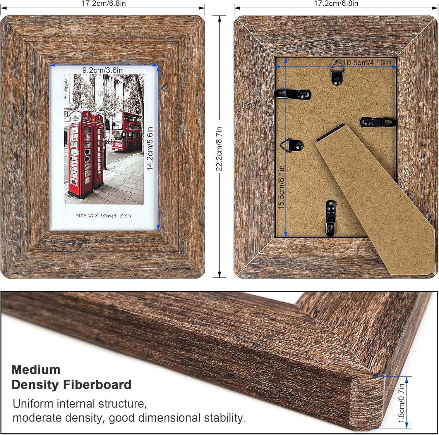 4x6 Picture Frames Set, Set of 4 Wooden Picture Frames Real Tempered Glass and Composite Wooden Rustic Rounded Corners Photo Display for Tabletop Wall Mount (Brown) - Image 2