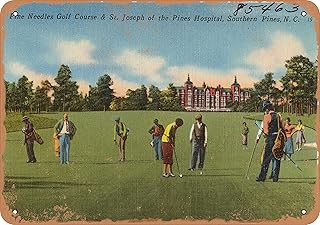 7 x 10 METAL SIGN - North Carolina Postcard - Pine Needles Golf Course & St. Joseph of the Pines Hospital, Southern - Vintage Rusty Look