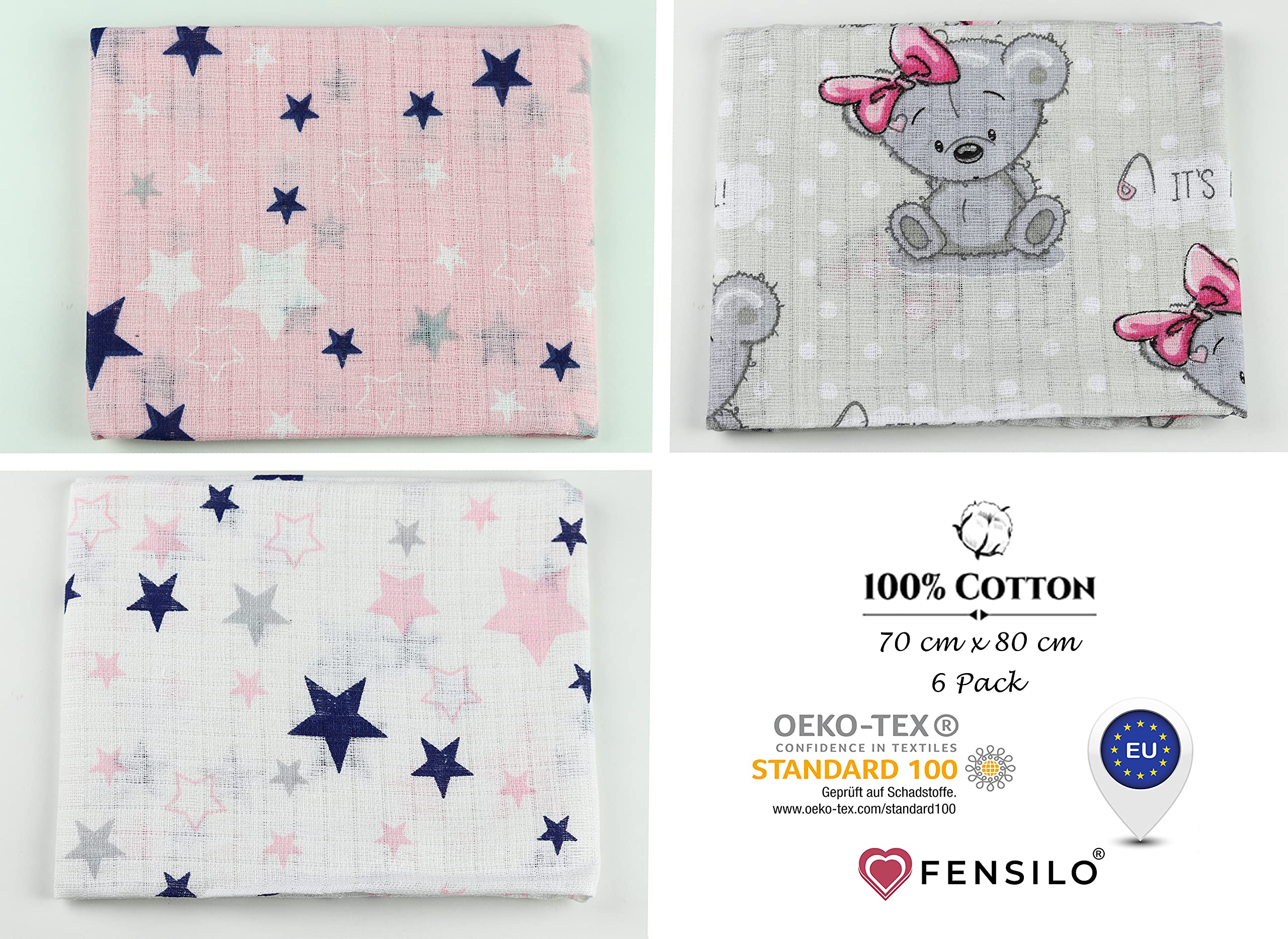 FENSILO - Mulltücher - Mullwindeln - 6er Pack 70x80 cm - Stoffwindeln, Made IN EU, schadstoffgeprüft - Spucktücher Set für Mädchen – Baby Mullwindeln- Rosa - Oeko-TEX Zertifiziert - 5