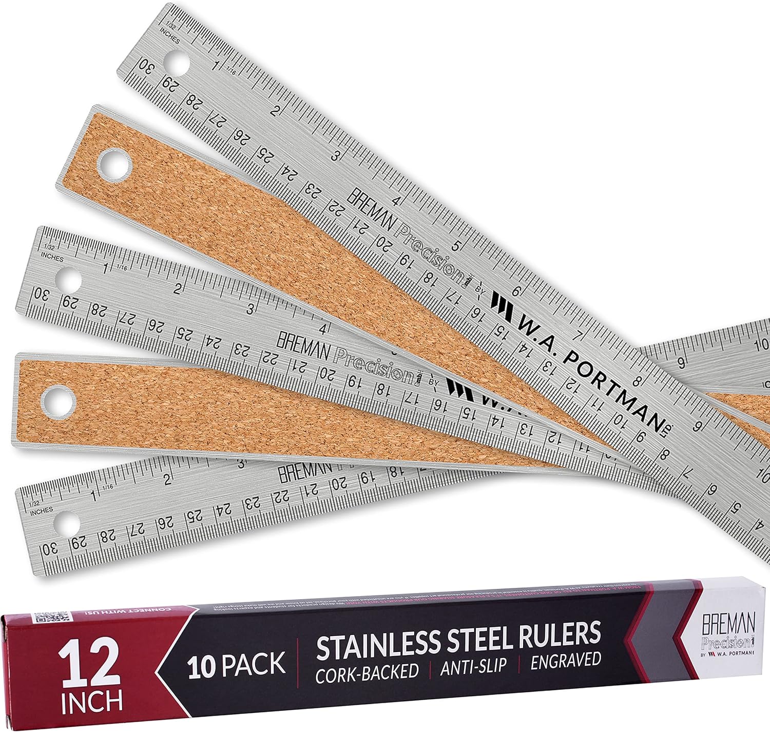Breman Precison Metal Ruler 12 Inch - Stainless Steel Corked Backed Metal Ruler Set - 10 Pack of Premium Straight Edge Metal 12 Inch Rulers - Flexible Stainless Steel Ruler Set - Inch and Metric - - 