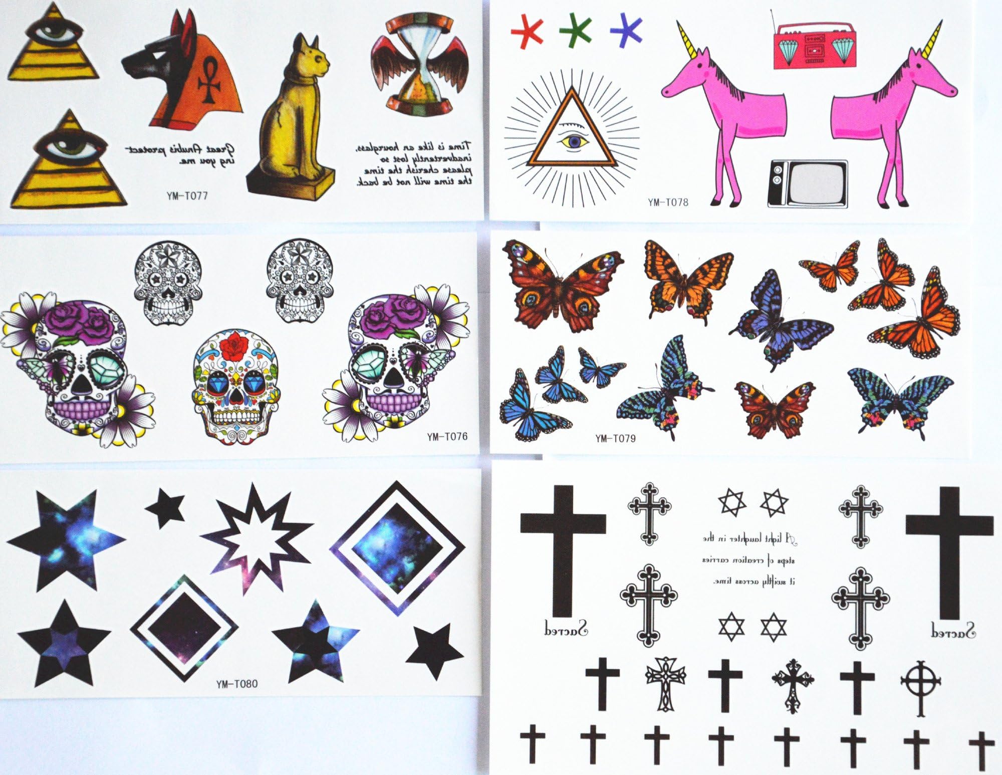 GGSELL GGSELL fashion design hot selling temporary tattoo stickers combination 6pcs/package different designs, it includes butterflies/stars/square/skull/cross/horse/dog/eyes/etc.