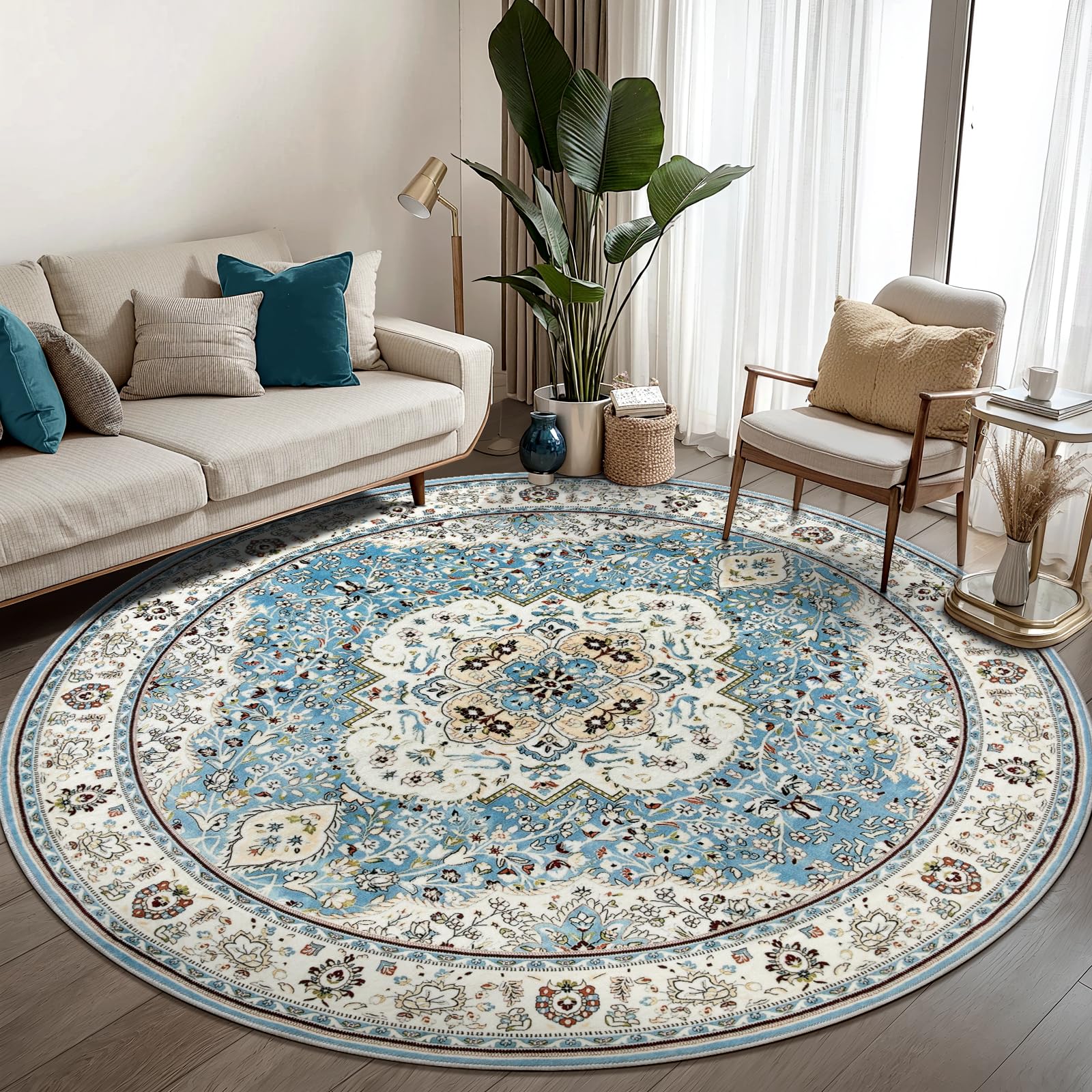 Ciicool Washable Area Rug Round 6’x6’ Boho Bedroom Rug Non-Slip Oriental Carpet Throw Rug Low-Pile Indoor Floor Carpet for Dining Room Living Room