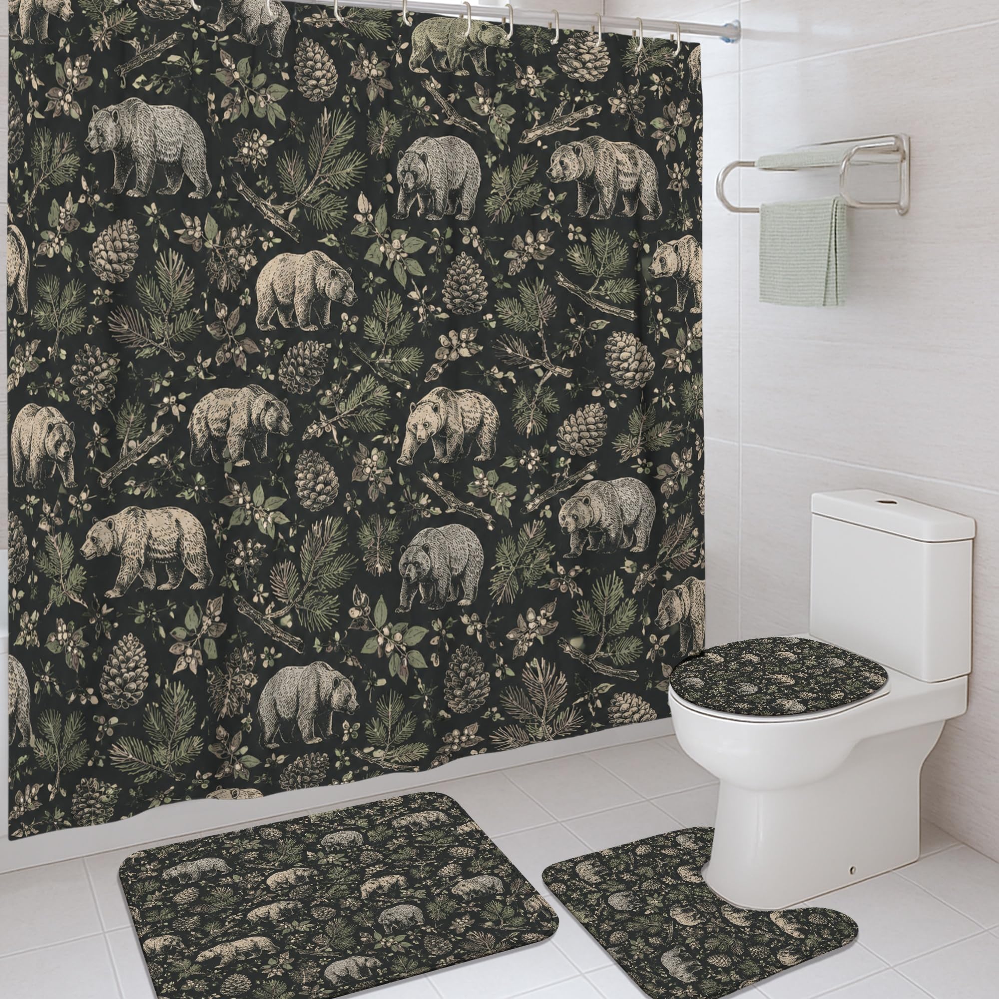 Rideau de douche en tissu vert foncé motifs ours et nature rustique haut de gamme 183 cm