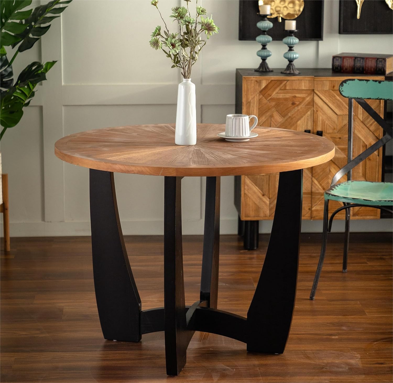 Amazon.com - CANJUXK 39.37" Vintage Style Round Solid Wood Rustic Dining Table, Wooden Trestle ...
