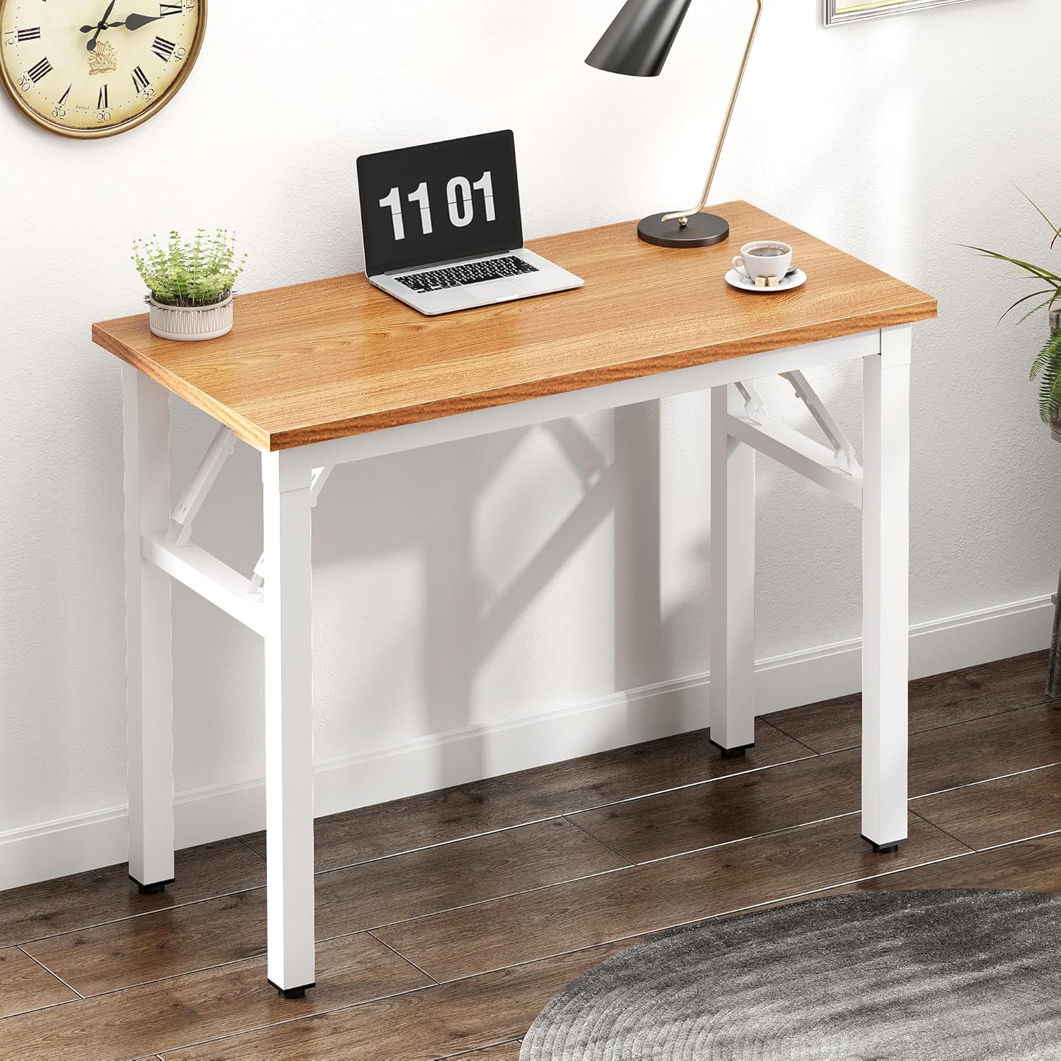 need folding computer desk - 31.5 inch foldable office writing work study kids student teacher home bedroom table for small space, teak white 31.5 inches teak & white