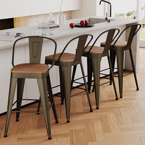 Aklaus Metal Bar Stools Set of 4,24 inch Barstools Counter Height Bar Stools with Backs Farmhouse Barstools with Larger seat High Back Kitchen Dining Chairs Modern Bar Chairs 24" Rusty Stool