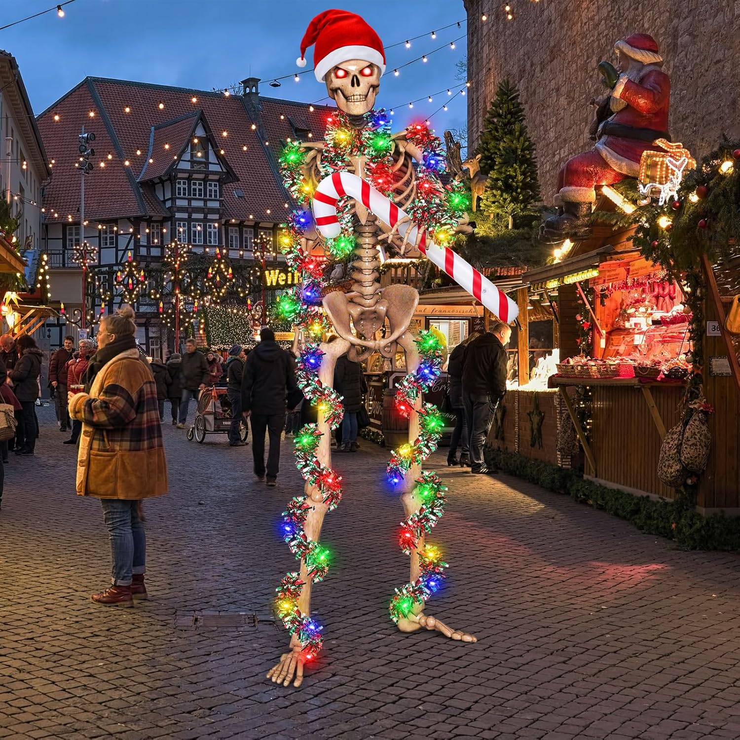 Cozypower Christmas 12 ft Skeleton Santa Outfit Accessory Santa Hat Tinsel Garlands String Light Inflatable Candy Cane(Classic Red)