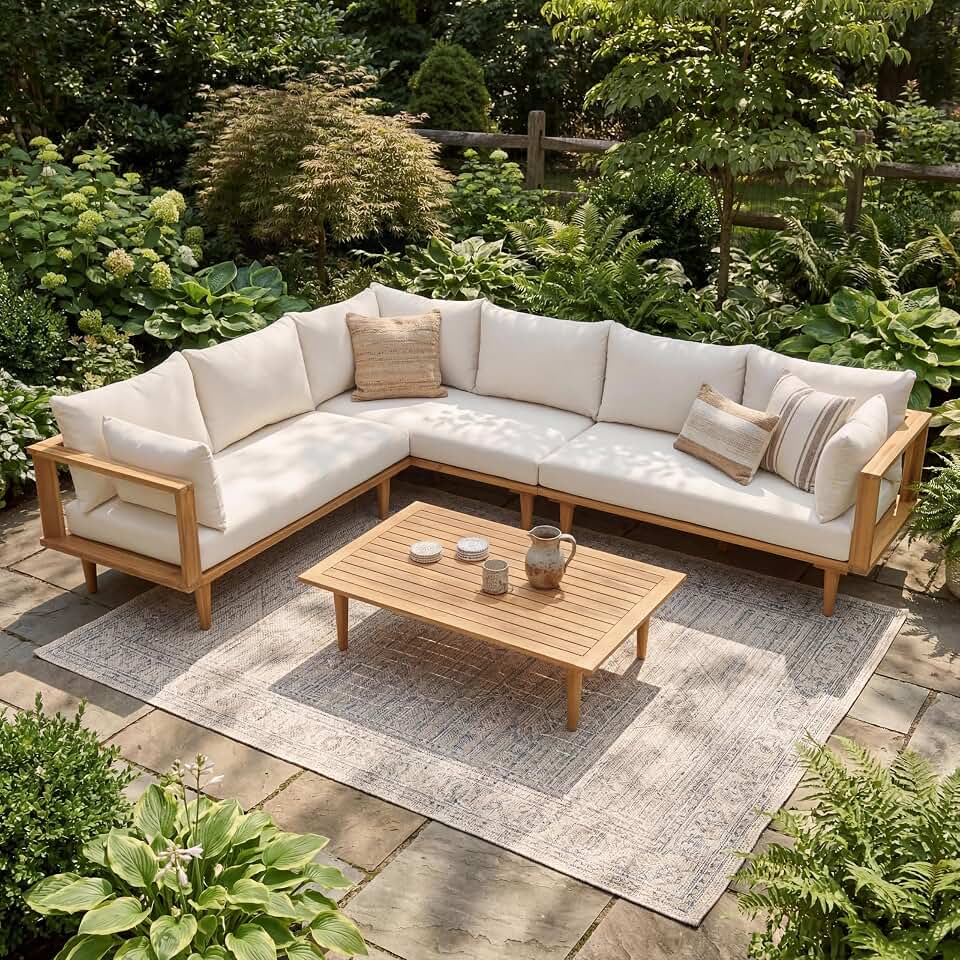 Merax 102" Outdoor Modular Sectional Sofa Set, 6 Seats L-Shaped Couch Wood Waterproof Fabric Patio Furniture Set with Coffee Table, Weather-Resistant Cushions for Backyard, Poolside, Natural+Beige