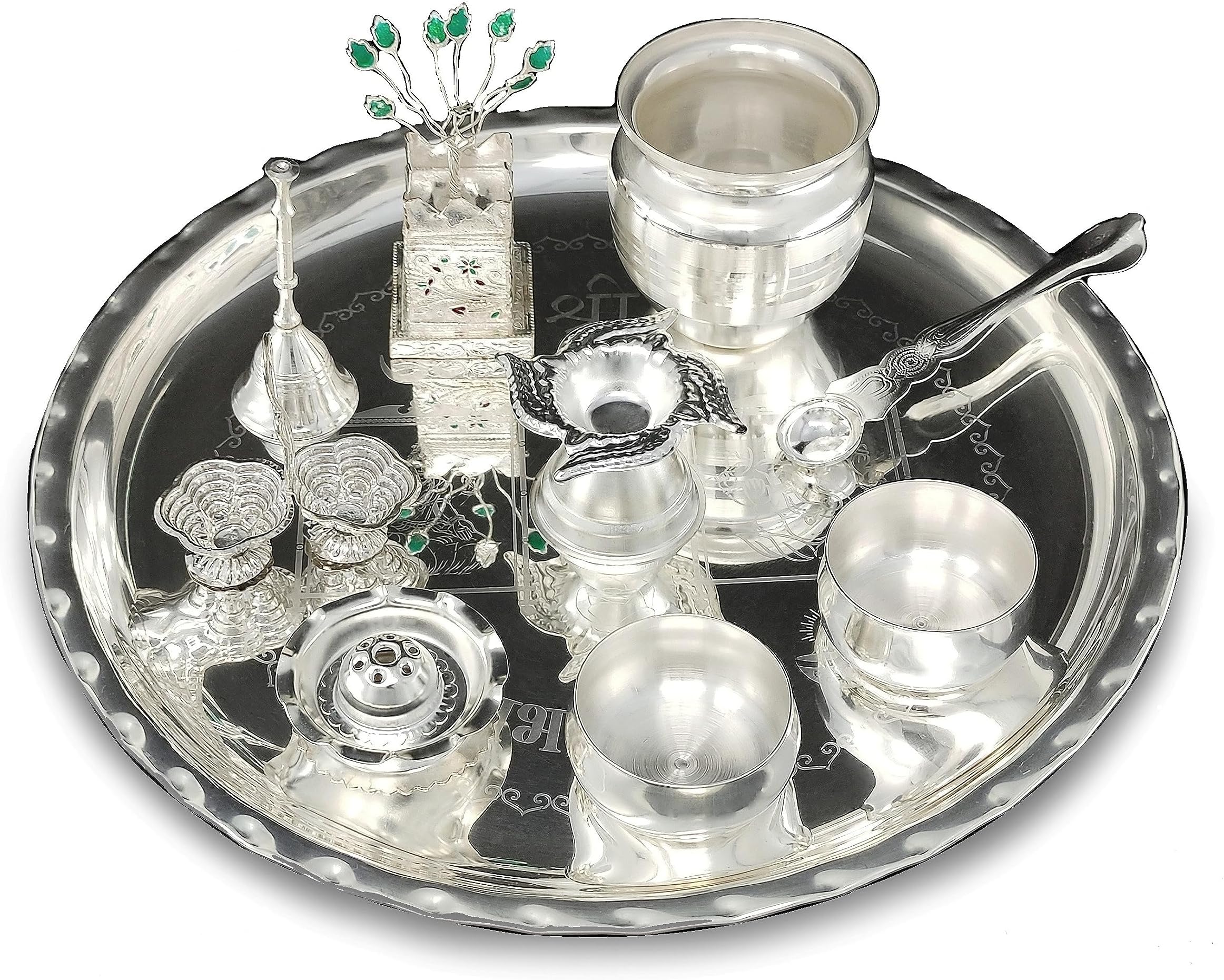 BENGALEN Silver Plated Pooja Thali Set 12 Inch with Designed Puja Plate Tulsi Idol Kalash Bowl Spoon Dhup Dan Ghanti Haldi Kumkum Stand Kuber Diya for Home Mandir Office Wedding Return Gift Items