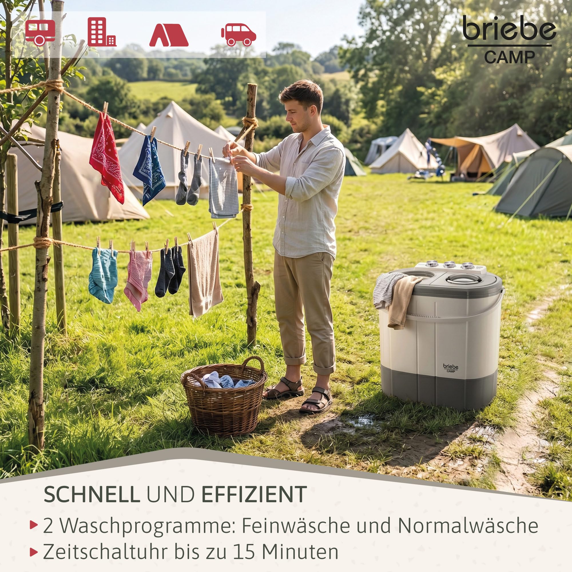 briebe Camp Mini-Waschmaschine, Tragbar, mit Schleuder, Camping, Kapazität 3 kg, Ideal für Reisen, Wohnwagen, Wohnmobile, Kleine mit 2 Fächern, Geringer Wasser- und Energieverbrauch, Grau/Weiß