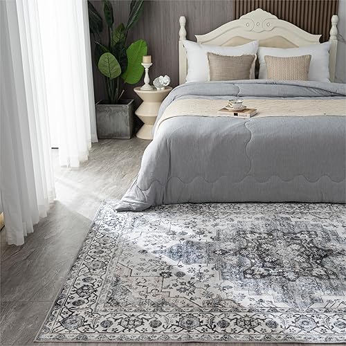 Miniatura 6 de Syalife Alfombra de Área Lavable de 3 x 5 pies, Ultra Suave Antideslizante, Pelo Bajo, Resistente a las Manchas, Alfombra de Área Vintage para Sala