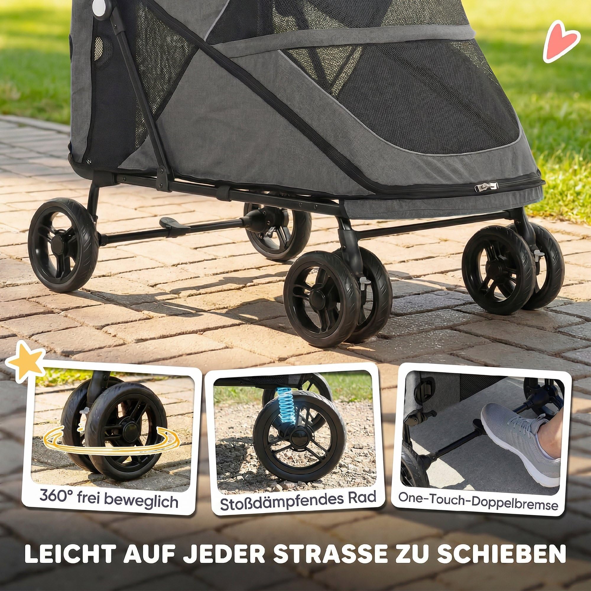 PawHut Hundewagen Faltbar Hundebuggy für große mittelgroße Hunde bis 30 kg Groß Hundetrolley mit 4 Drehrädern Netzfenster Kissen Verstellbarer Griff Katzenwagen mit Sicherheitsleinen Doppelbremsen