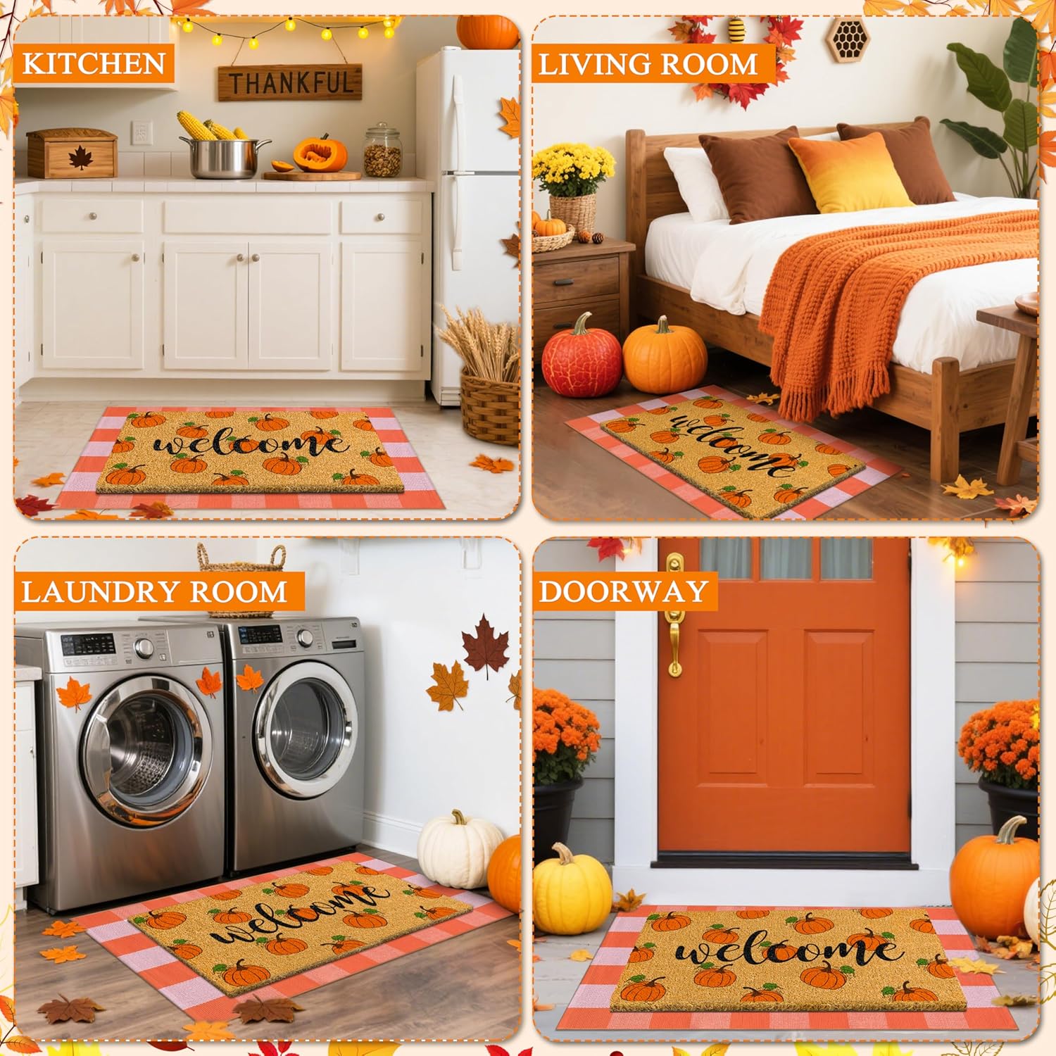 2 Pcs Fall Door Mat Combo Set - 17 x 30 Inch Pumpkin Welcome Coir Non Slip Doormat & 28 x 43 Inch Buffalo Plaid Floor Rug for Thanksgiving Indoor Outdoor Front Porch Entryway Decor (Pumpkin)