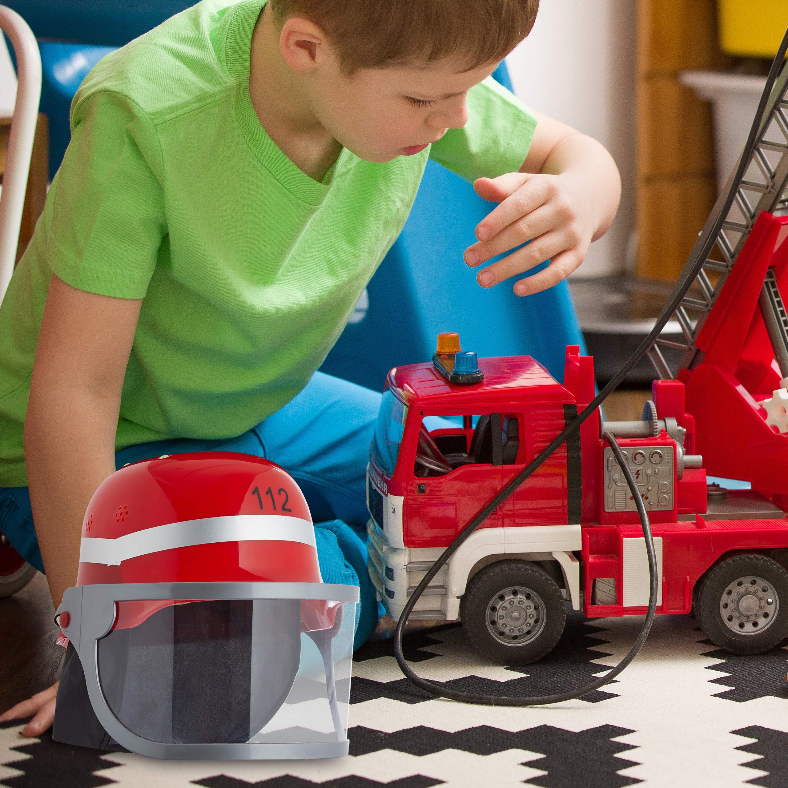 Relaxdays Casco da Pompiere per Bambini, con Visiera, Fazzoletto per Collo & Poggia Mento, Regolabile, Carnevale, rosso