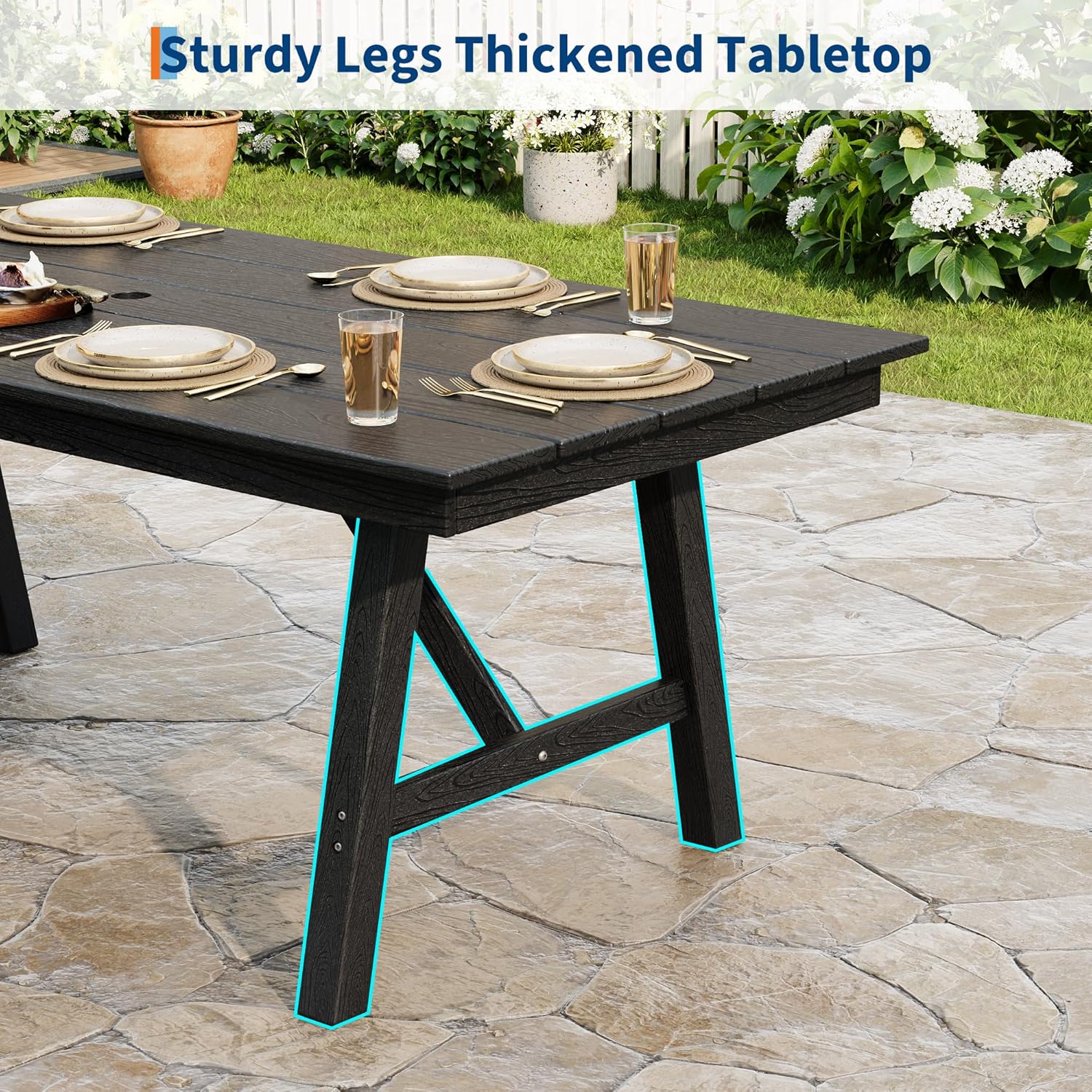 66.9" Rectangular Outdoor Dining Table for 4-6, Heavy Duty All-Weather HDPE Patio Table with 1.97" Umbrella Hole, Wood-Grain Plastic Outdoor Table for Backyard, Poolside & Garden,Black