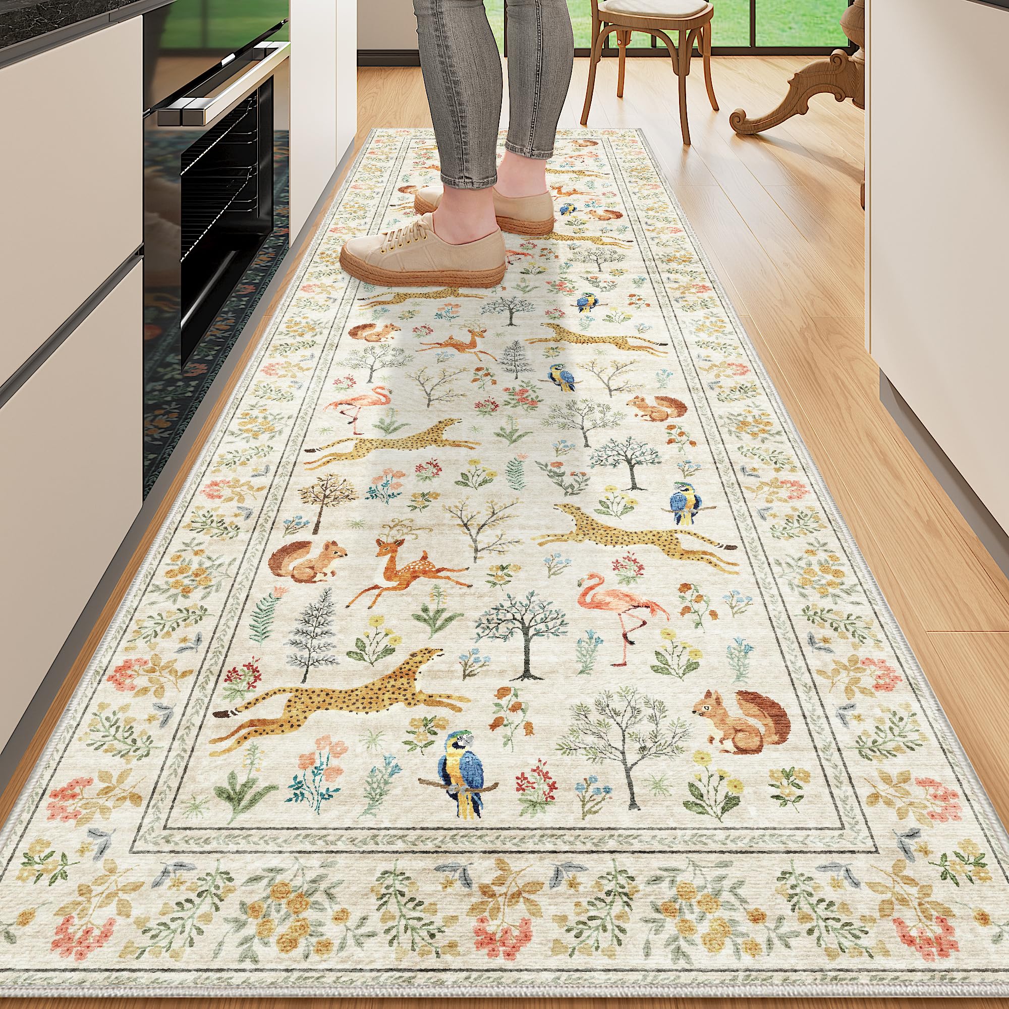 Photo 1 of DUKINO 2x6 Rug for Hallway, Washable Kitchen Runner Rug with Non Slip Backing, Soft Low Pile Vintage Animal Runner for Bedroom, Kitchen, Hallway, Entryway, Laundry, Beige