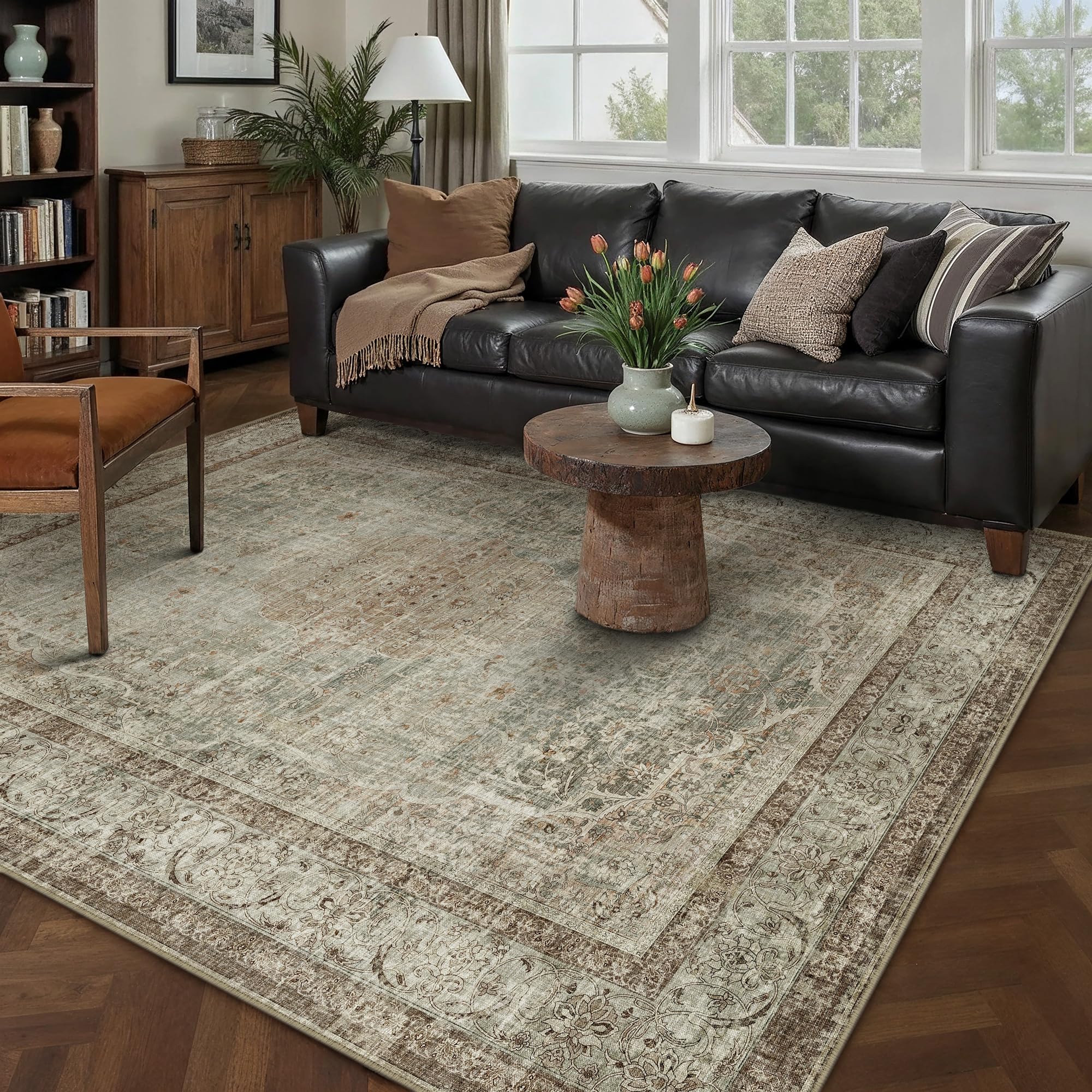 PureCozy 160x230cm Brown Vintage Washable Rugs for Bedroom Living Room, Soft Area Rugs with Non-Slip Backing, Lightweight Low Pile Traditional Carpet for Kitchen Office Dining Room Playroom — image 1