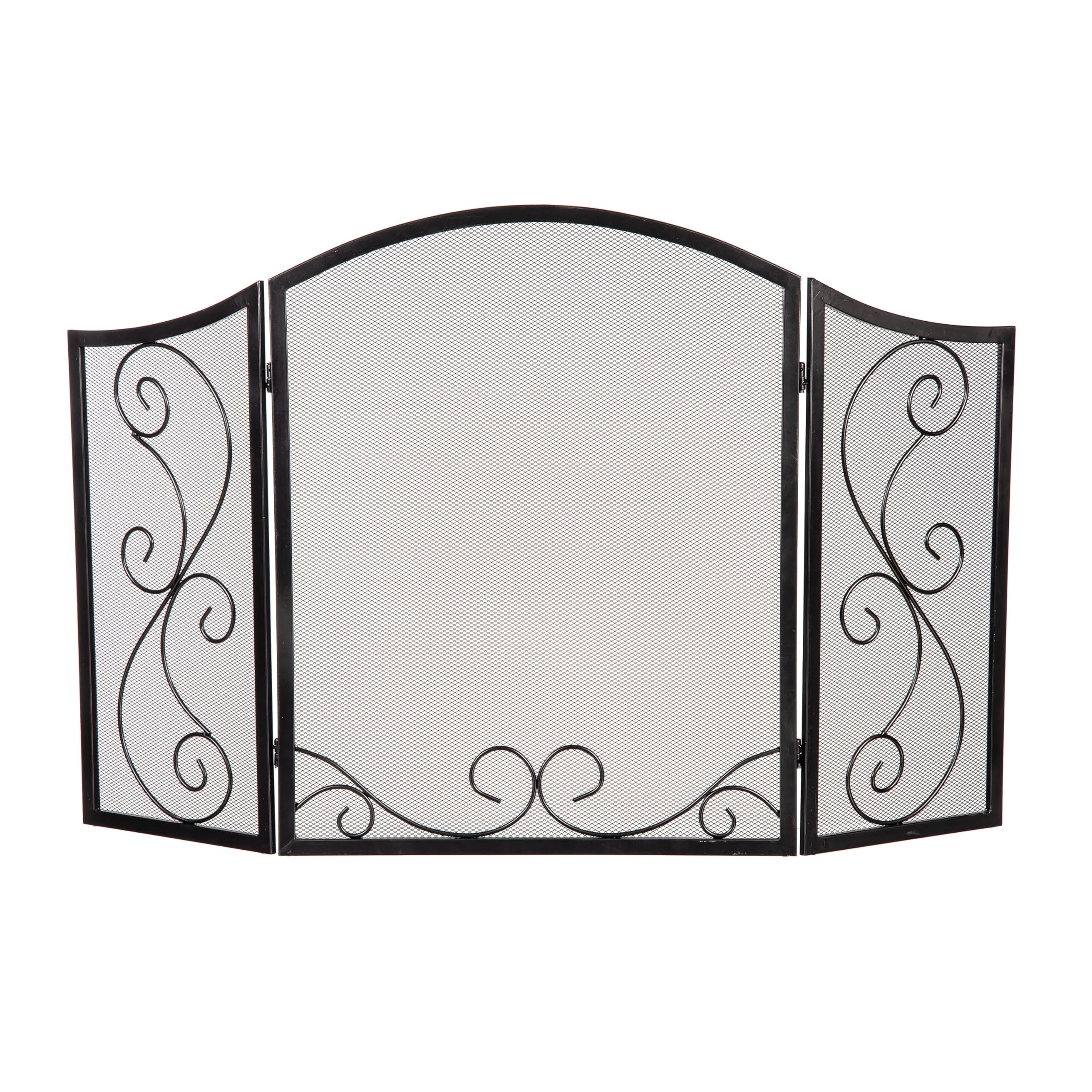 Écran de cheminée en métal noir Plow & Hearth | 3 panneaux en fer forgé 127x76 cm